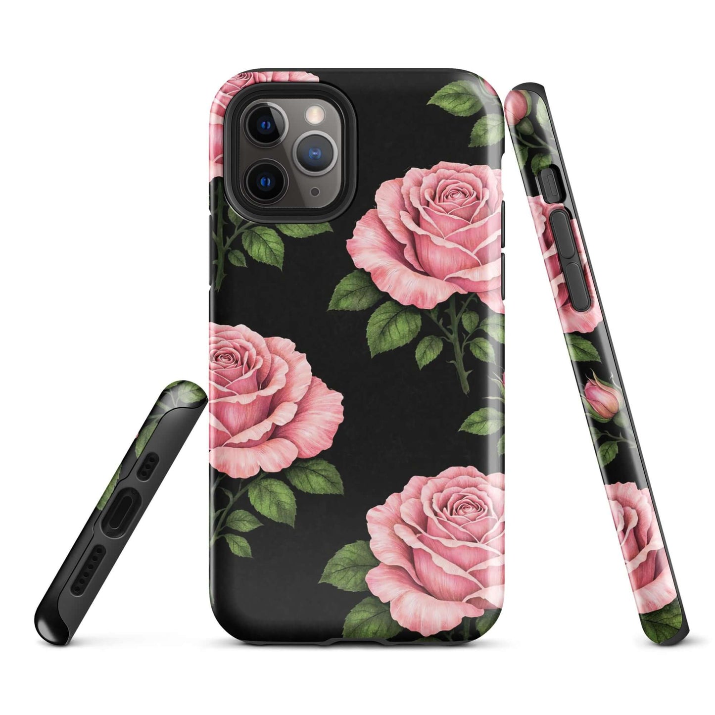 Phone Case for iPhone: Pink Rose Garden Tough Case with pink roses on black background.