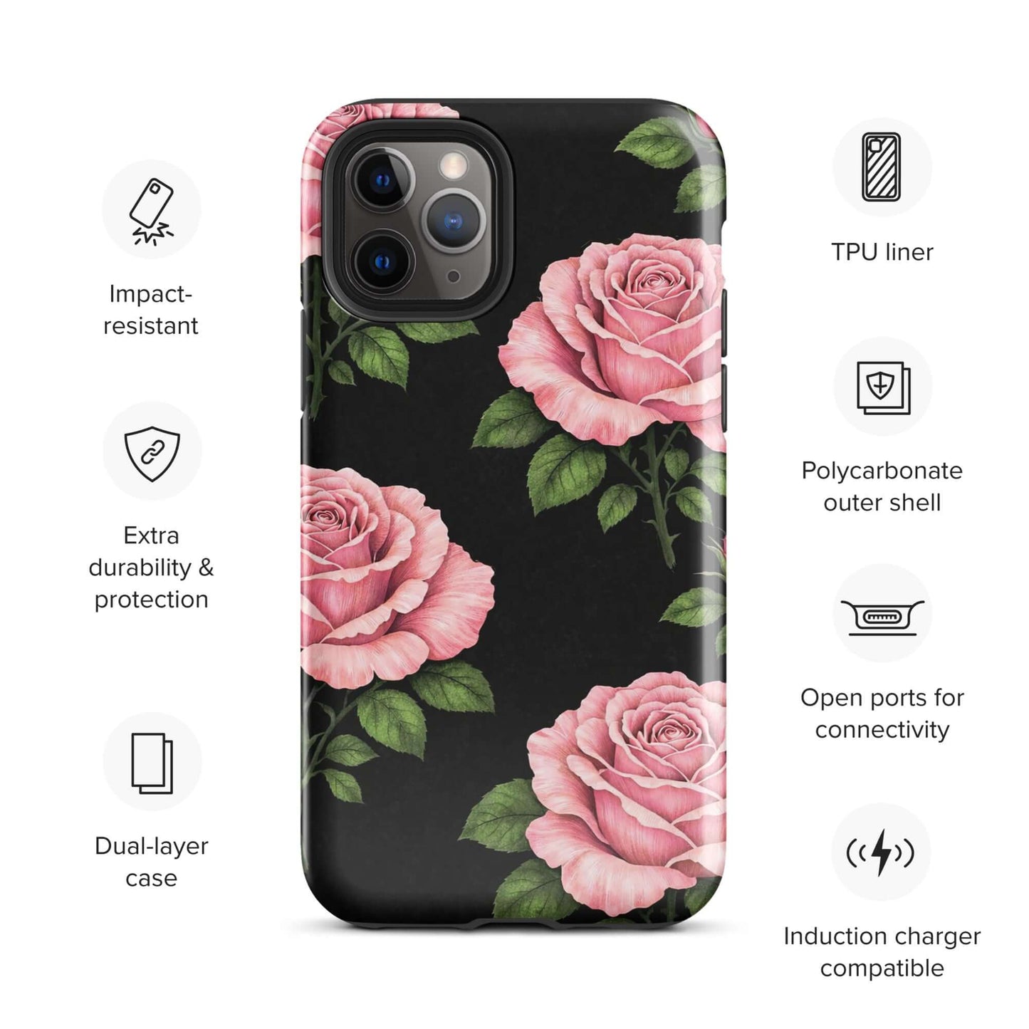 Phone Case for iPhone with pink rose garden design on a black background, impact-resistant and dual-layered for extra protection.
