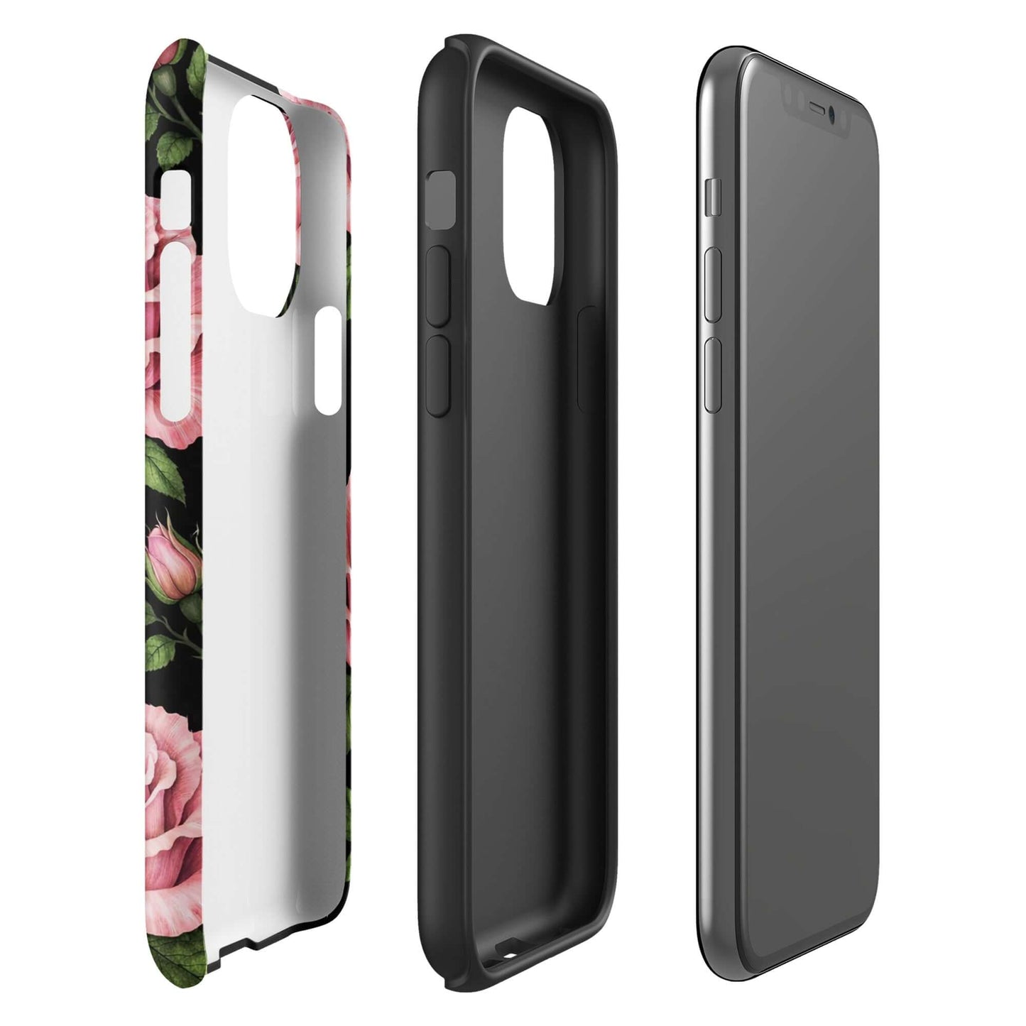 Phone Case for iPhone: Pink Rose Garden Tough Case with floral design and hand-sketched roses against black background.