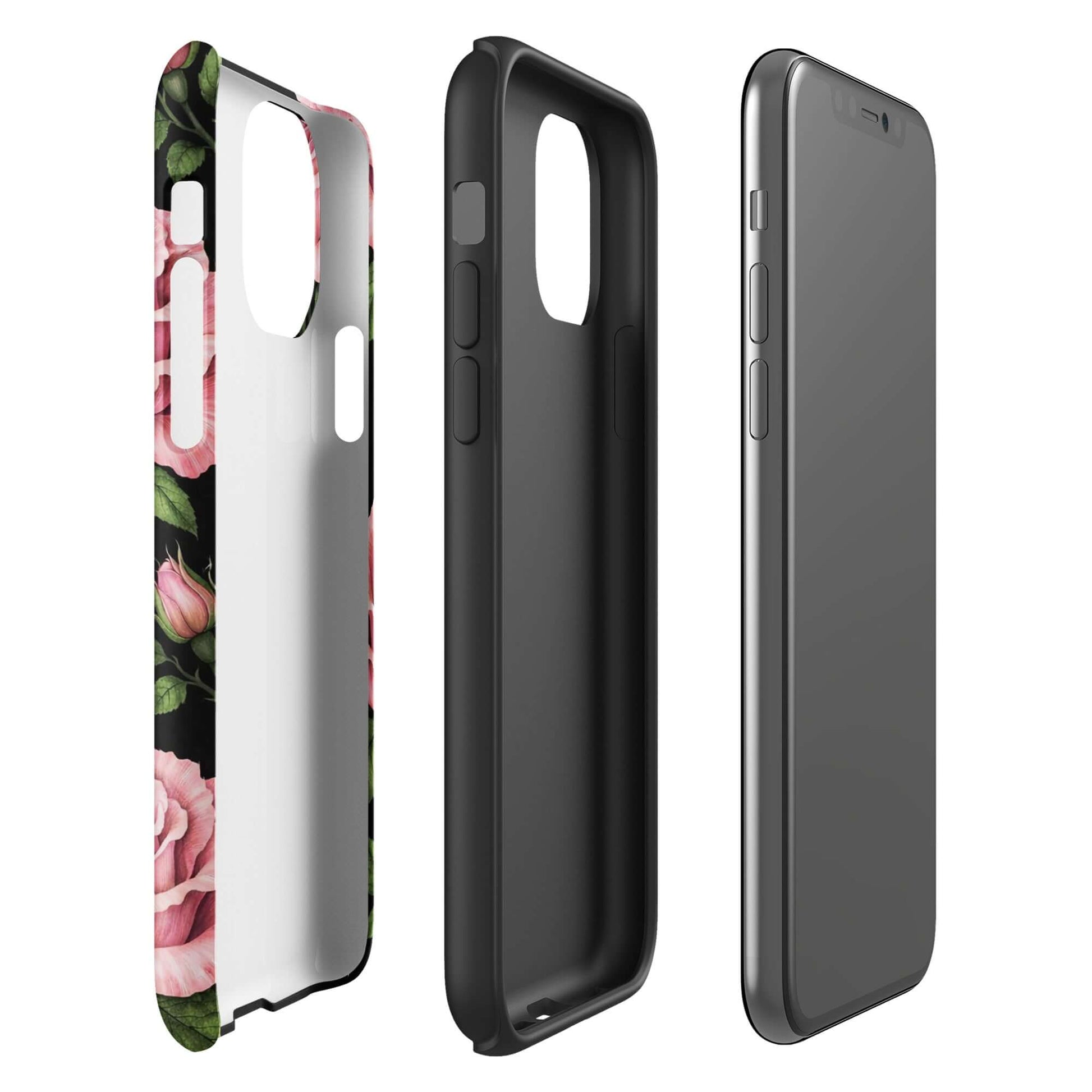 Phone Case for iPhone: Pink Rose Garden Tough Case with floral design and hand-sketched roses against black background.