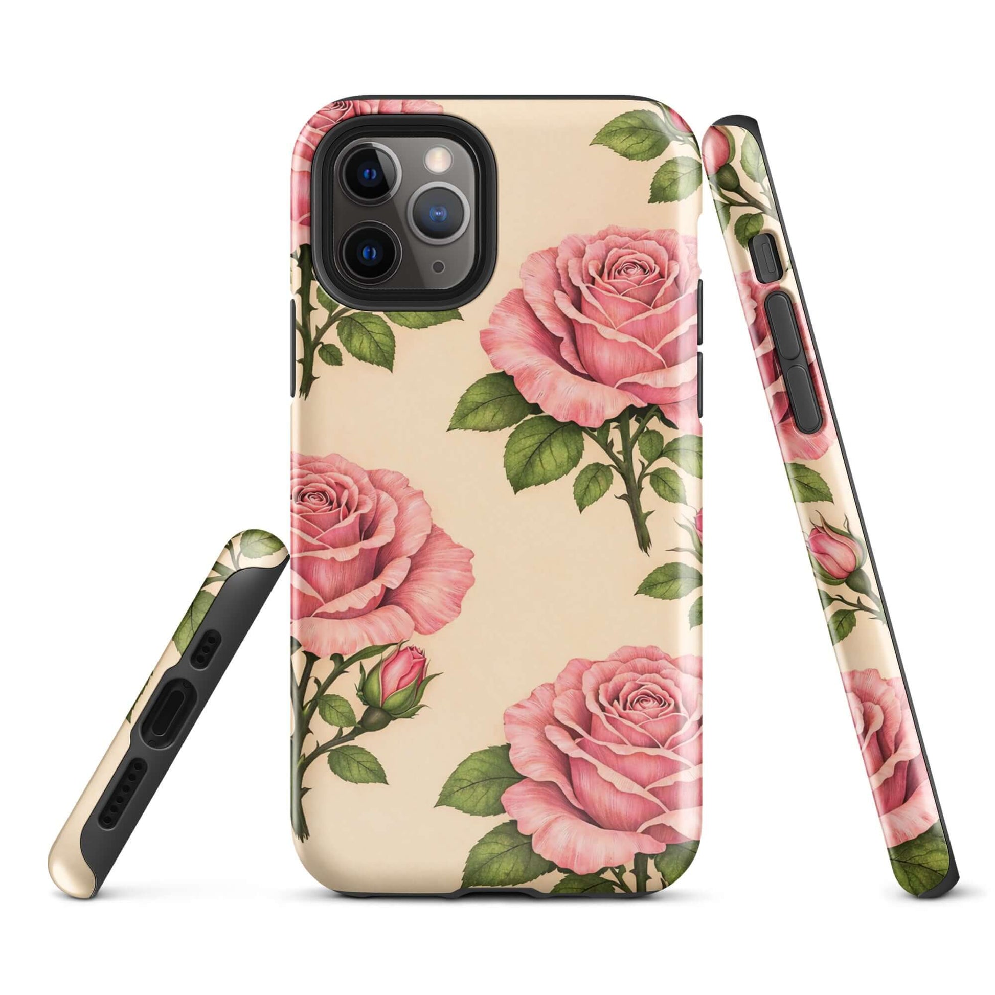 Phone Case for iPhone with pink rose garden pattern on a warm cream background.