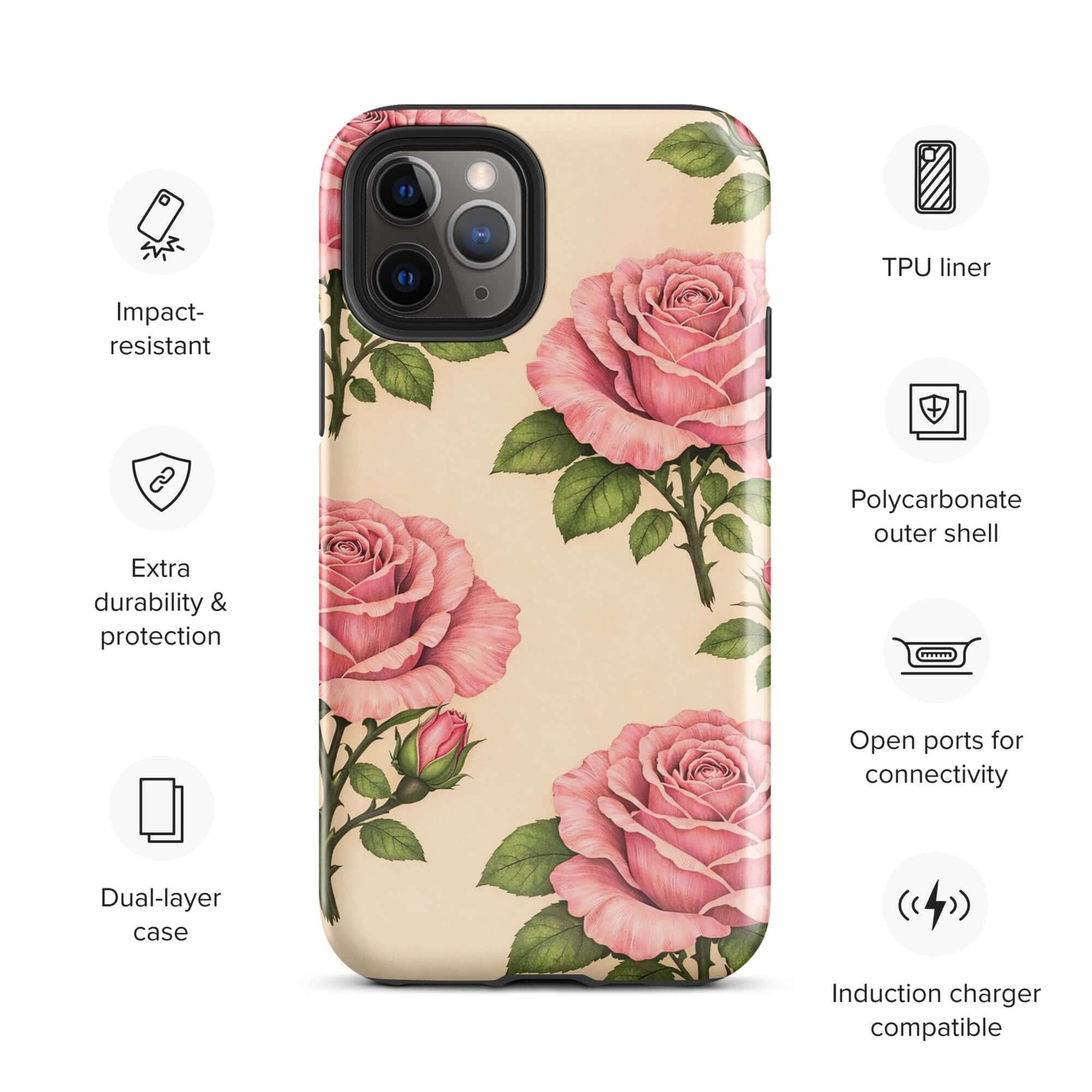 Phone Case for iPhone with pink roses on cream background, showcasing dual-layer design and impact resistance for protection.