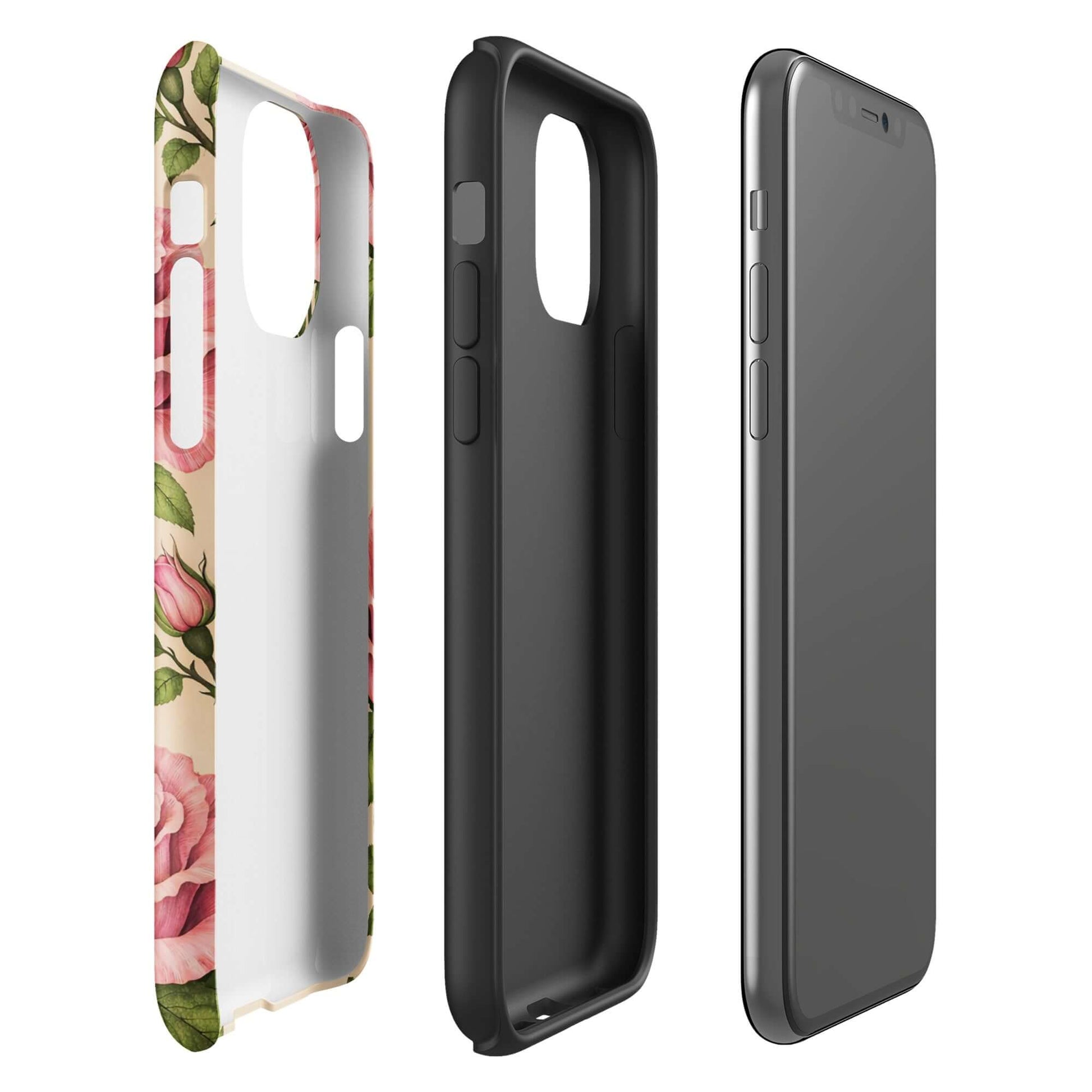 Phone Case for iPhone with pink roses on cream background, featuring durable protection and elegant design.