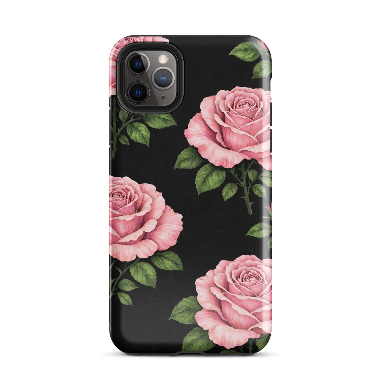 Phone Case for iPhone with pink rose garden design on a black background.