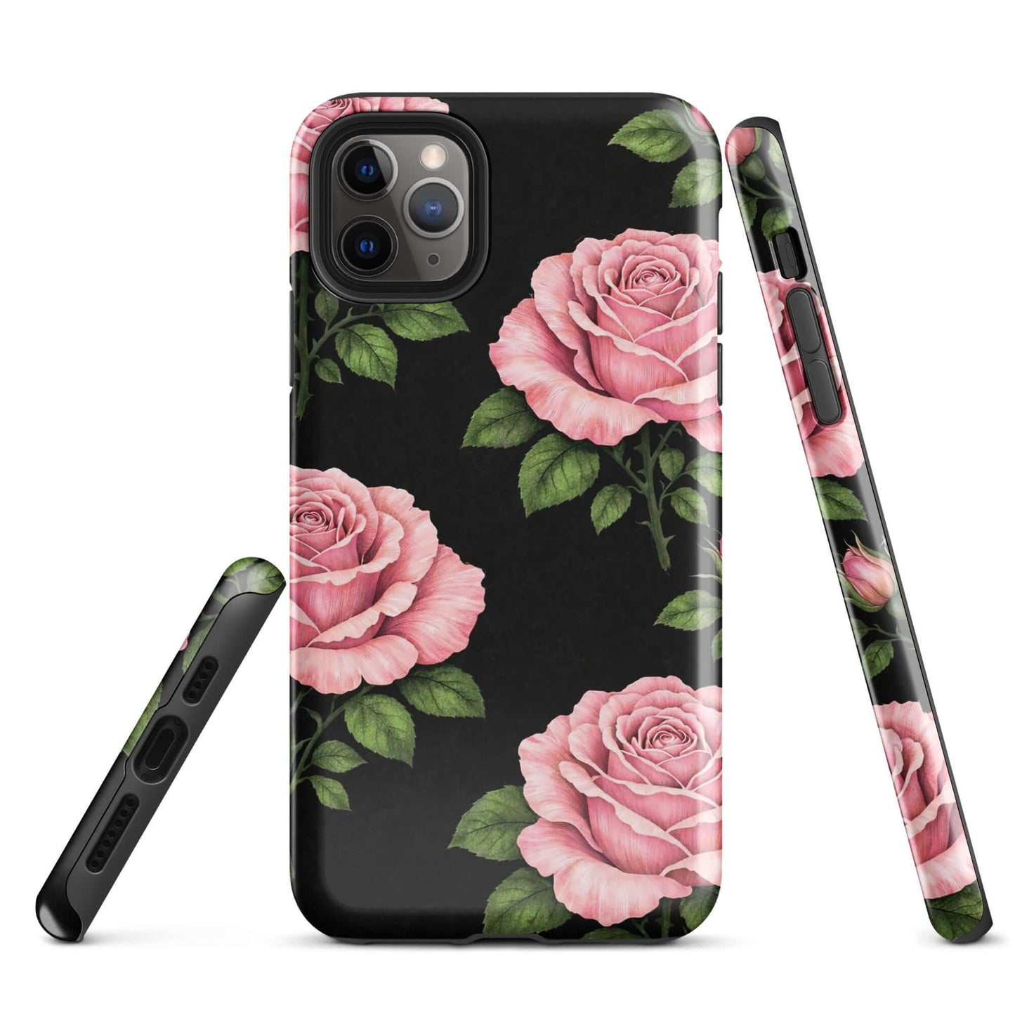 Phone Case for iPhone with pink rose garden design on black background