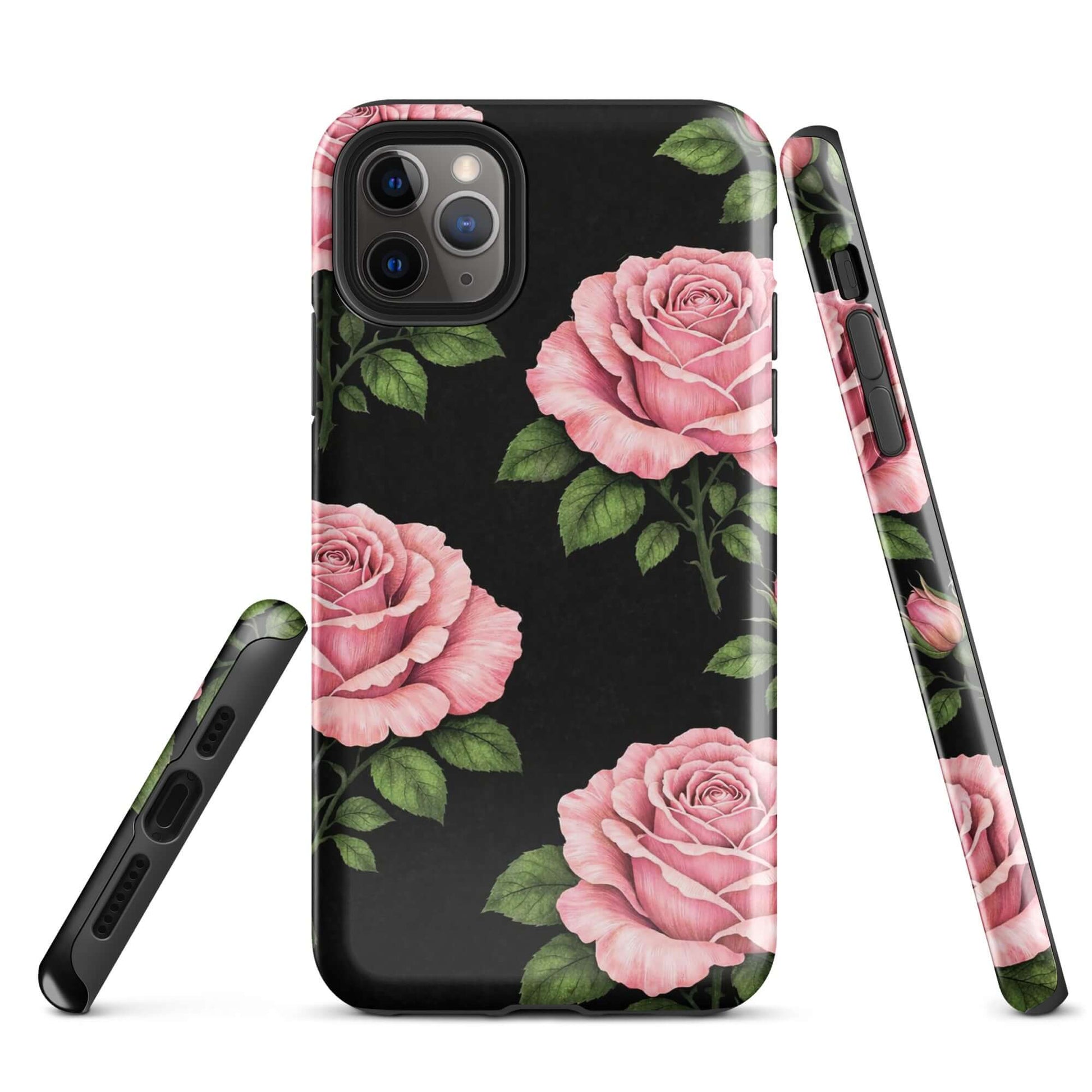 Phone Case for iPhone with pink rose garden design on black background