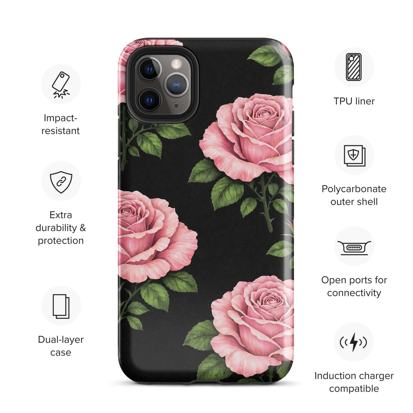 Phone Case for iPhone with pink rose garden design on black background, featuring impact-resistant TPU liner and dual-layer protection.