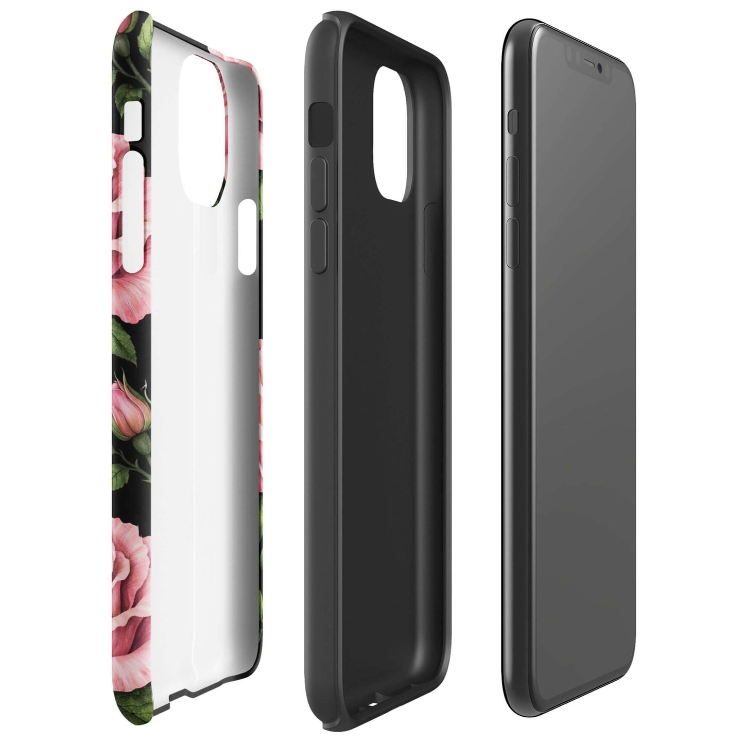 Phone Case with pink rose garden design for iPhone showcasing floral pattern on black background