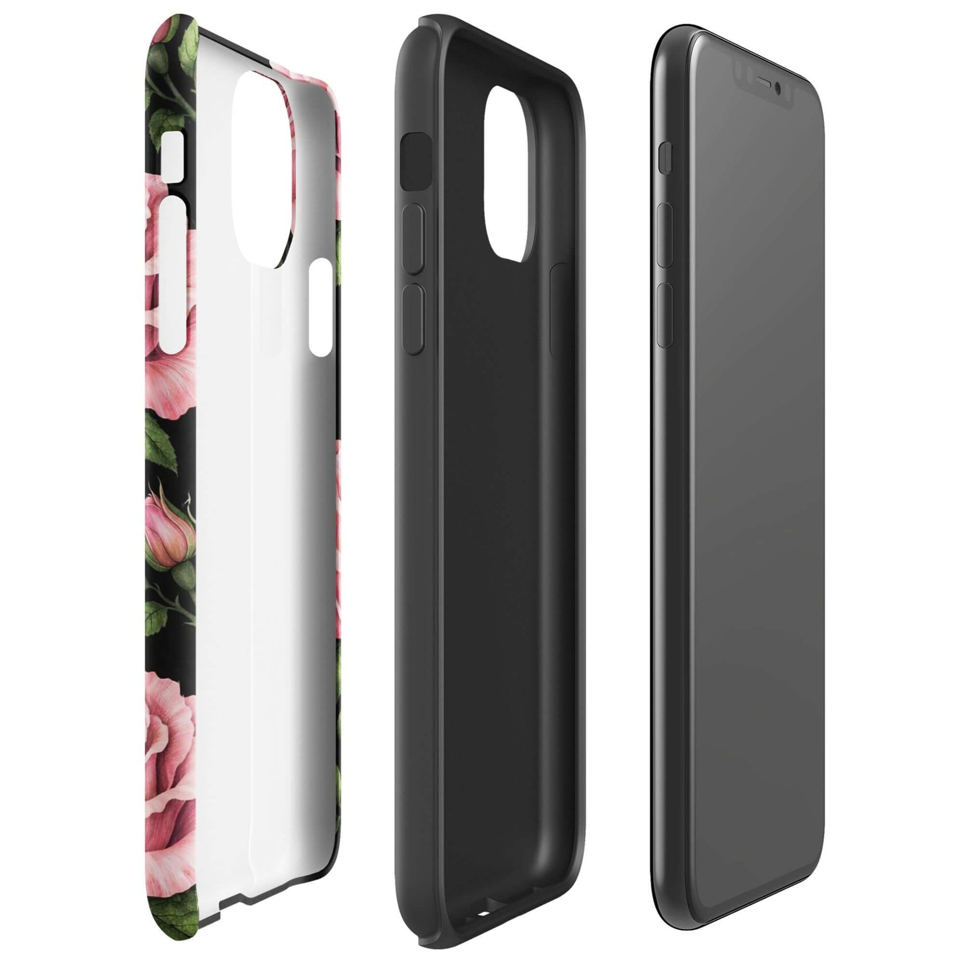 Phone Case with pink rose garden design for iPhone showcasing floral pattern on black background