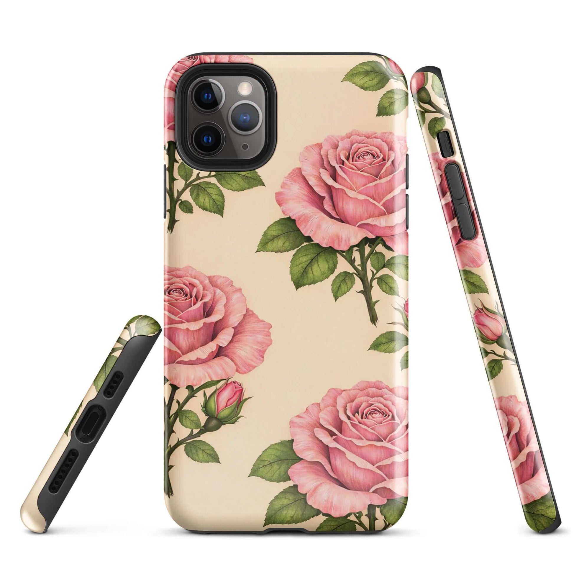 Phone Case for iPhone with pink rose garden design on warm cream background, featuring delicate floral patterns for elegant protection.