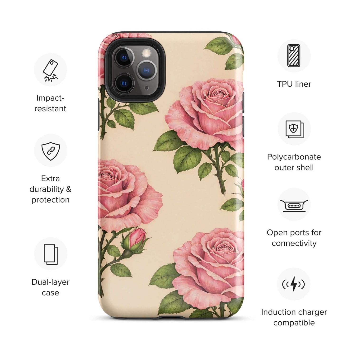 Phone Case with pink roses on cream background, dual-layer protection, impact resistant, compatible with iPhone induction charger.