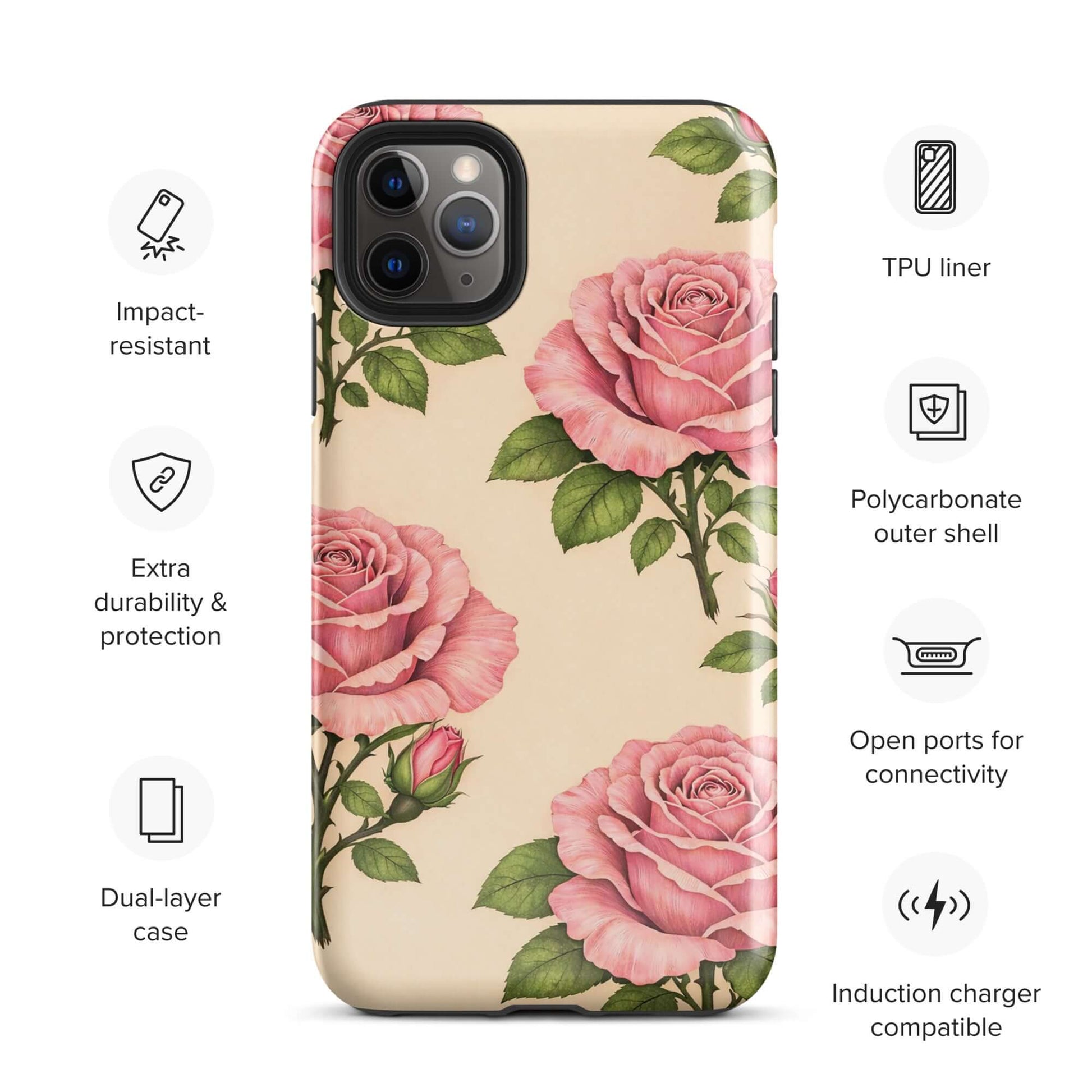 Phone Case with pink roses on cream background, dual-layer protection, impact resistant, compatible with iPhone induction charger.