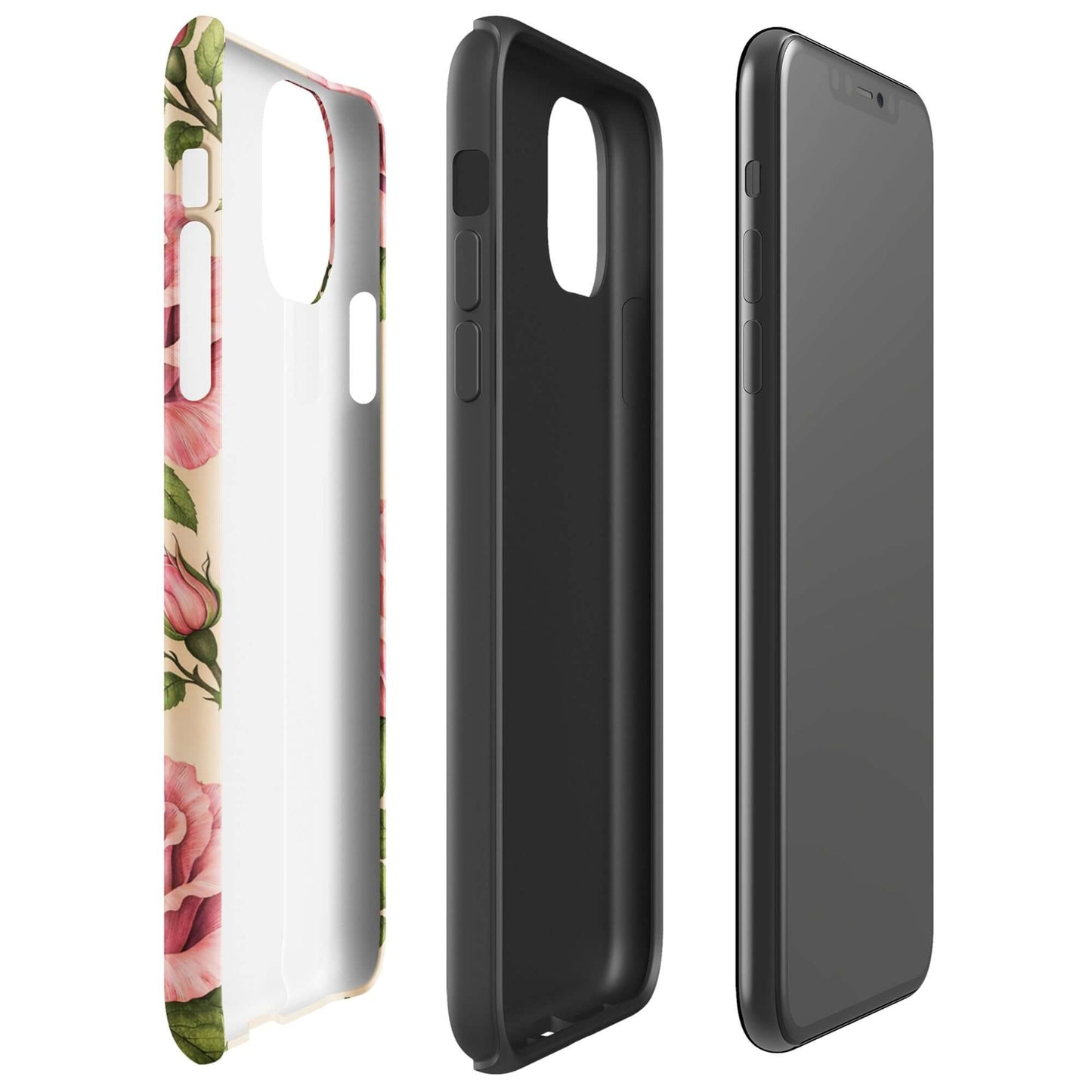 Phone Case for iPhone with pink roses on cream background, showcasing floral pattern and protection.