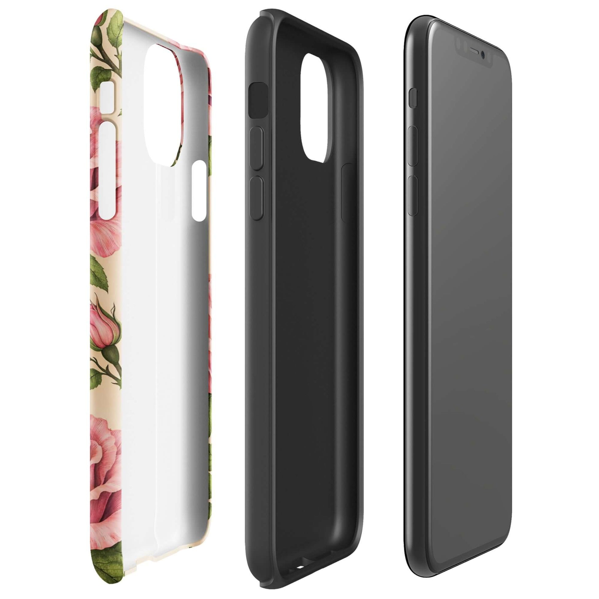 Phone Case for iPhone with pink roses on cream background, showcasing floral pattern and protection.