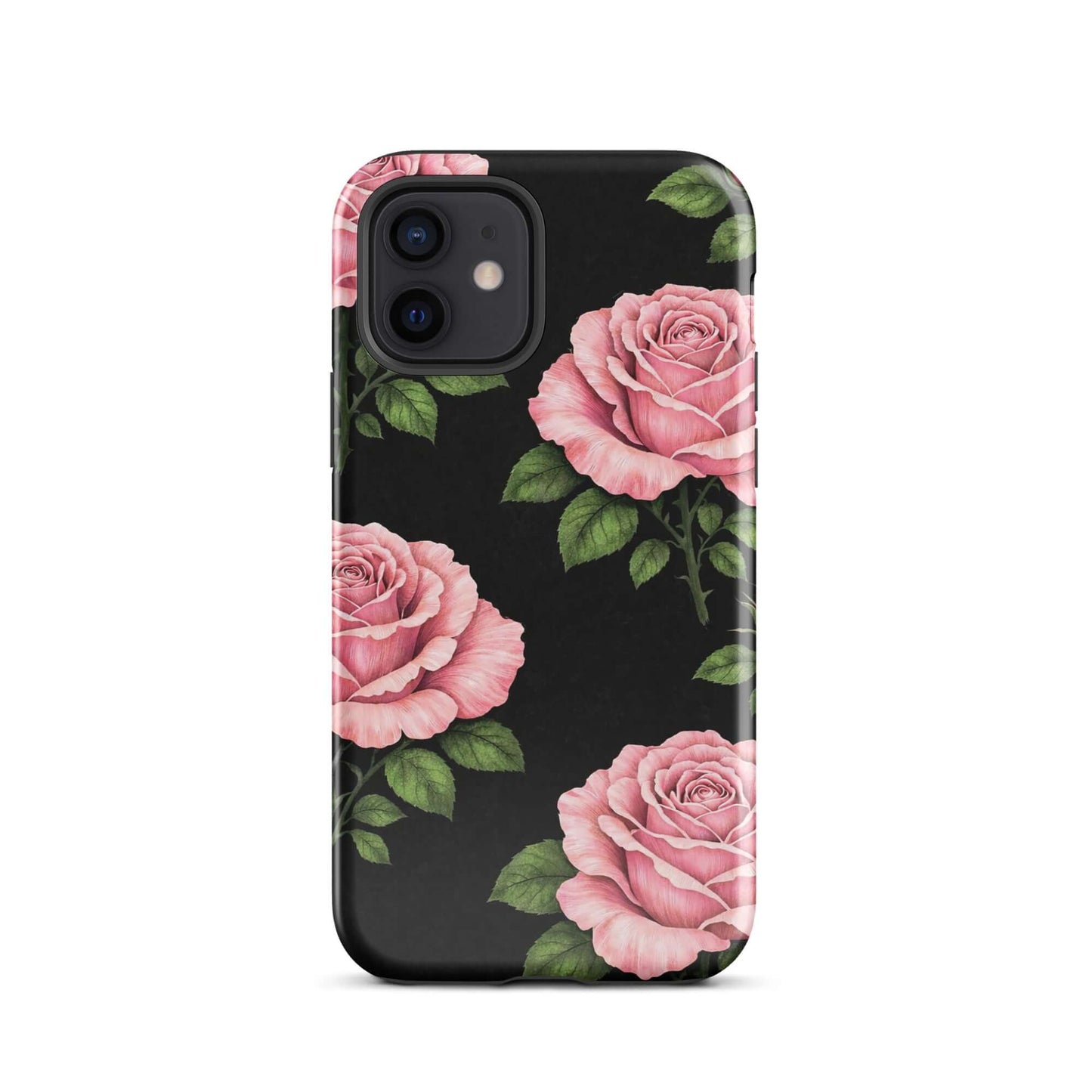 Phone Case for iPhone with hand-sketched pink roses on black background, floral charm design for iPhone tough case