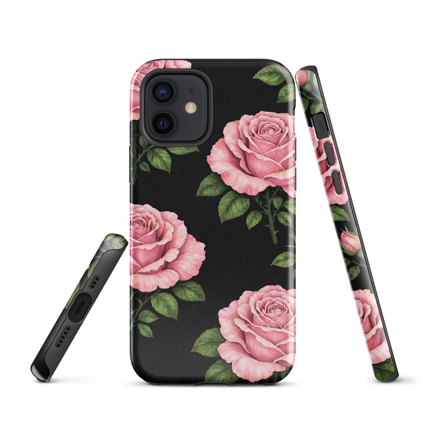 Phone Case for iPhone with pink rose garden design, featuring soft pink roses and green leaves on a black background.