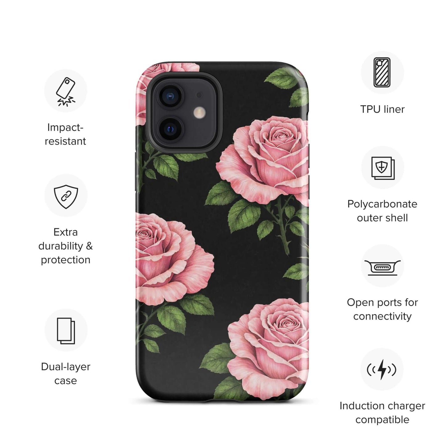 Phone Case for iPhone with pink rose garden design on a black background, showcasing impact-resistant and durable features.