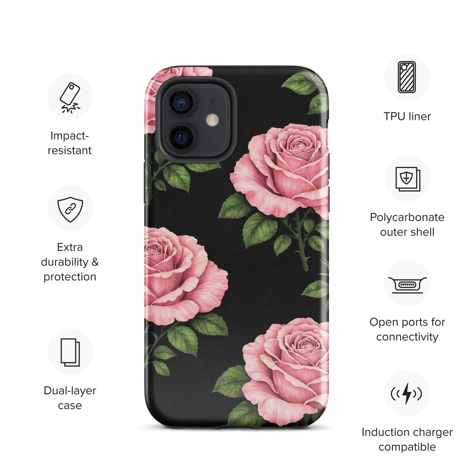 Phone Case for iPhone with pink rose garden design on a black background, showcasing impact-resistant and durable features.