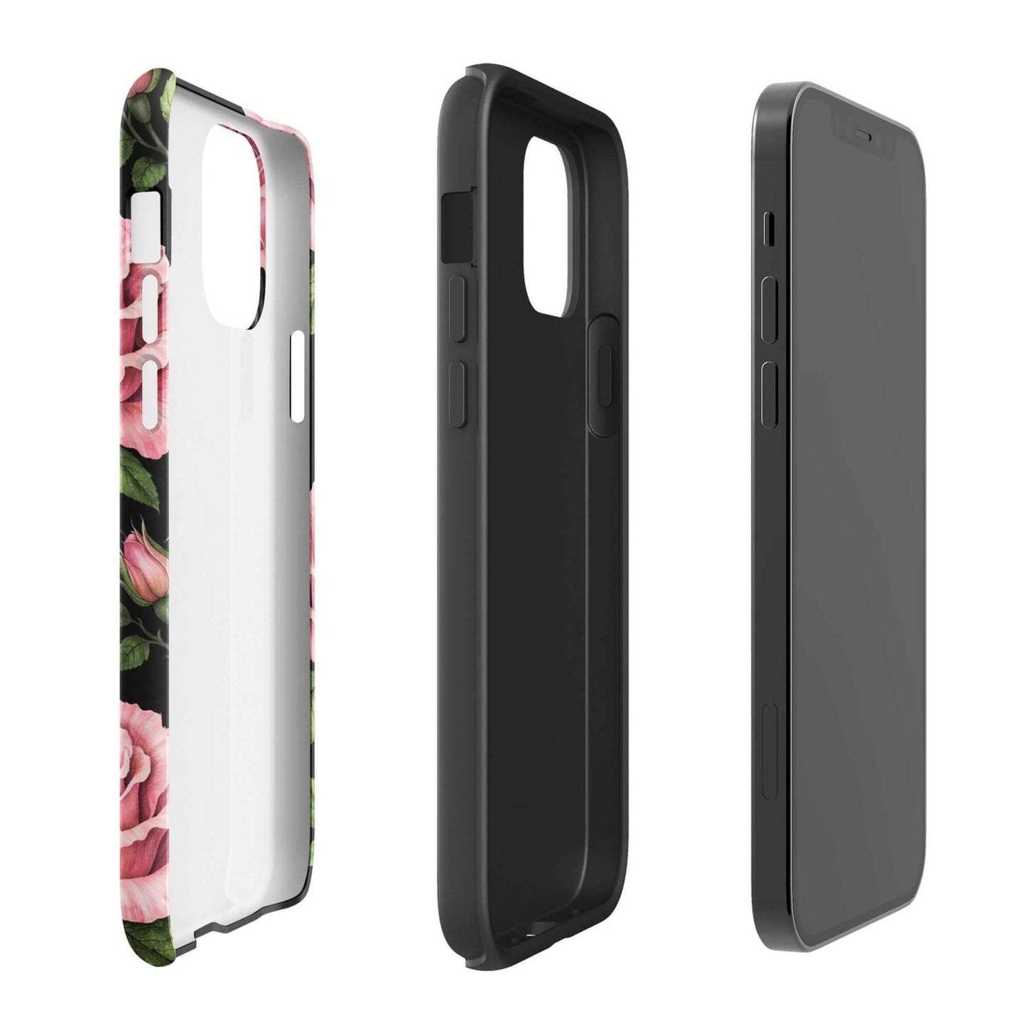 Phone Case for iPhone with pink rose garden design showing floral pattern and black background in three different views.