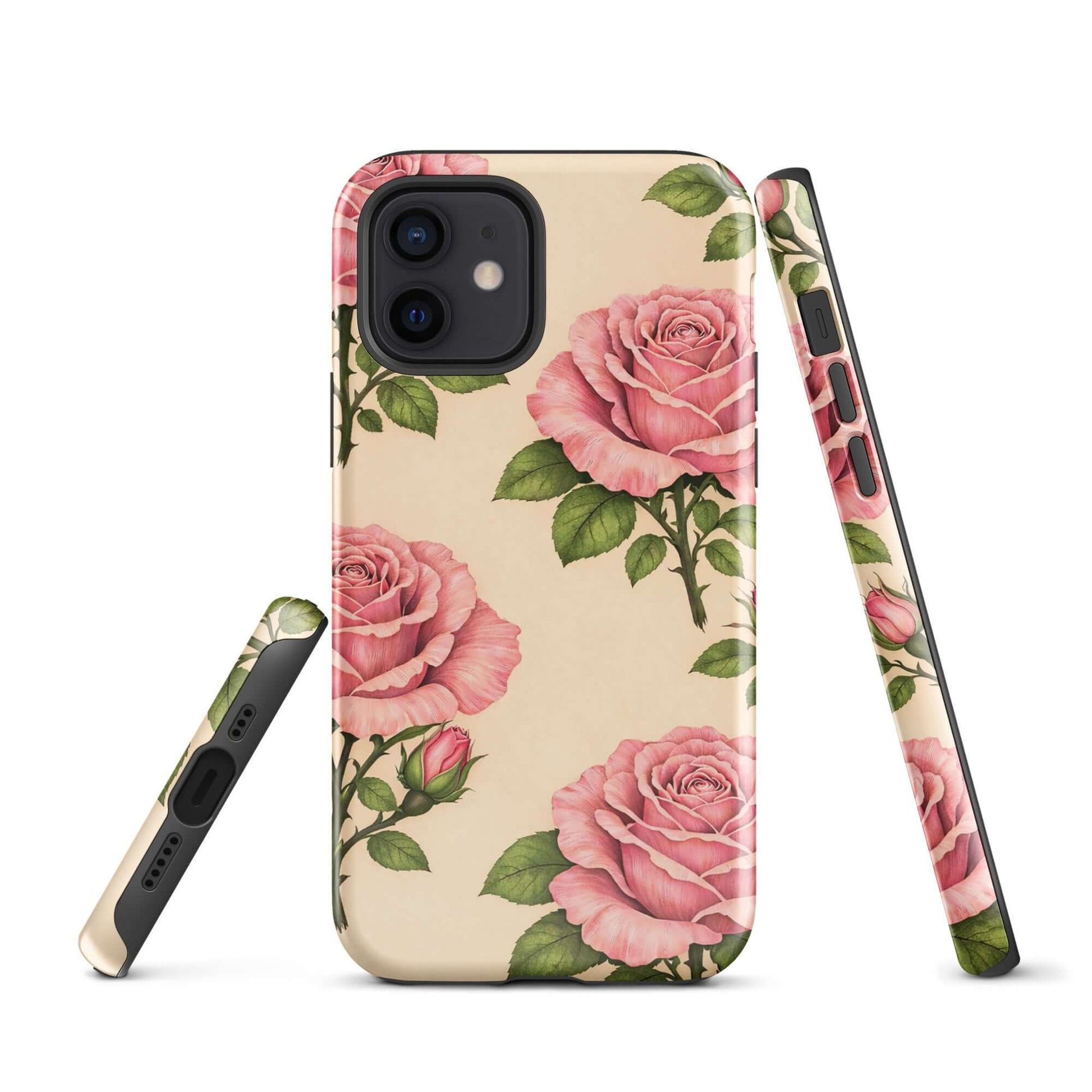 Phone Case for iPhone with pink rose garden design on warm cream background.
