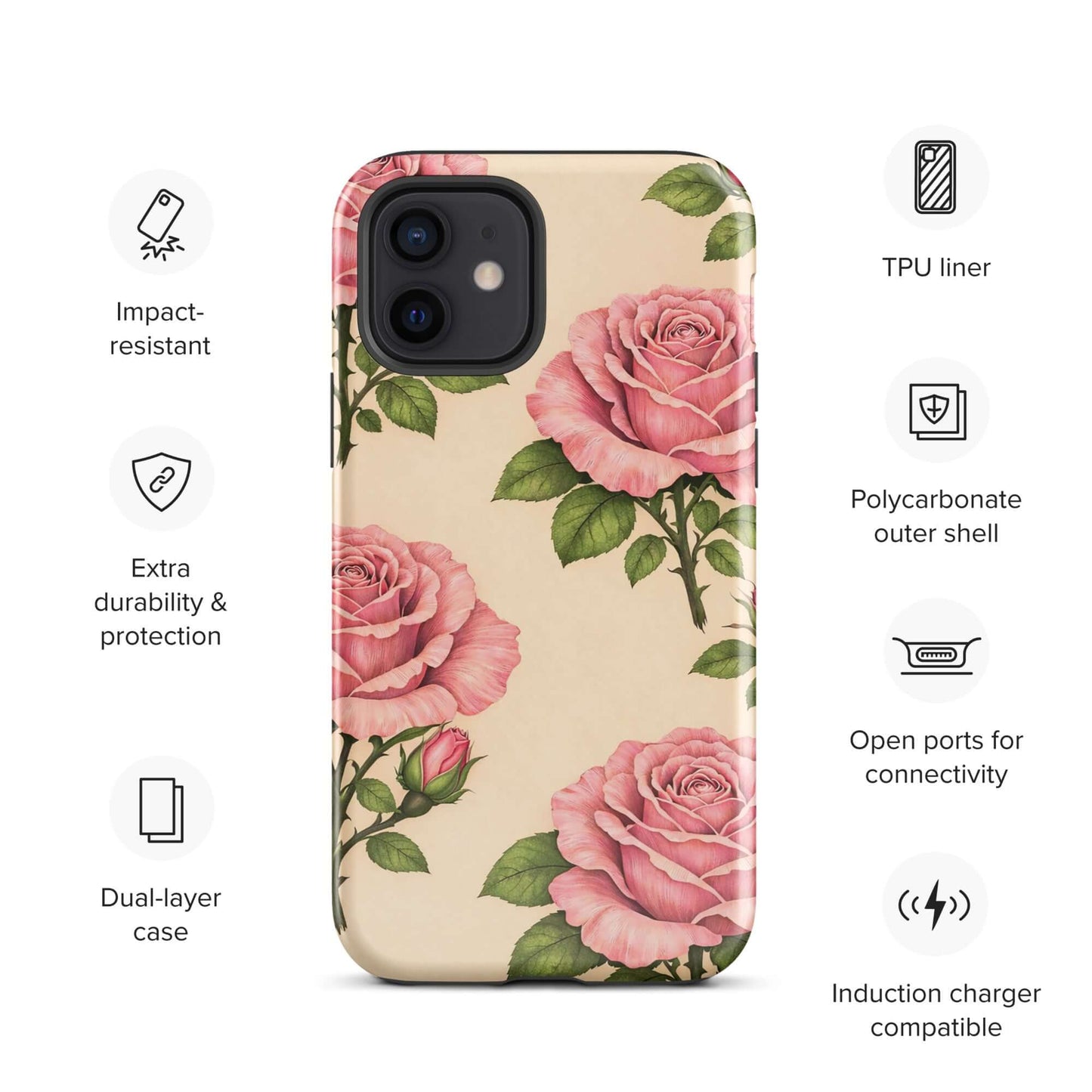 Phone Case for iPhone with pink rose garden design on warm cream background, dual-layer protection, impact-resistant features visible.