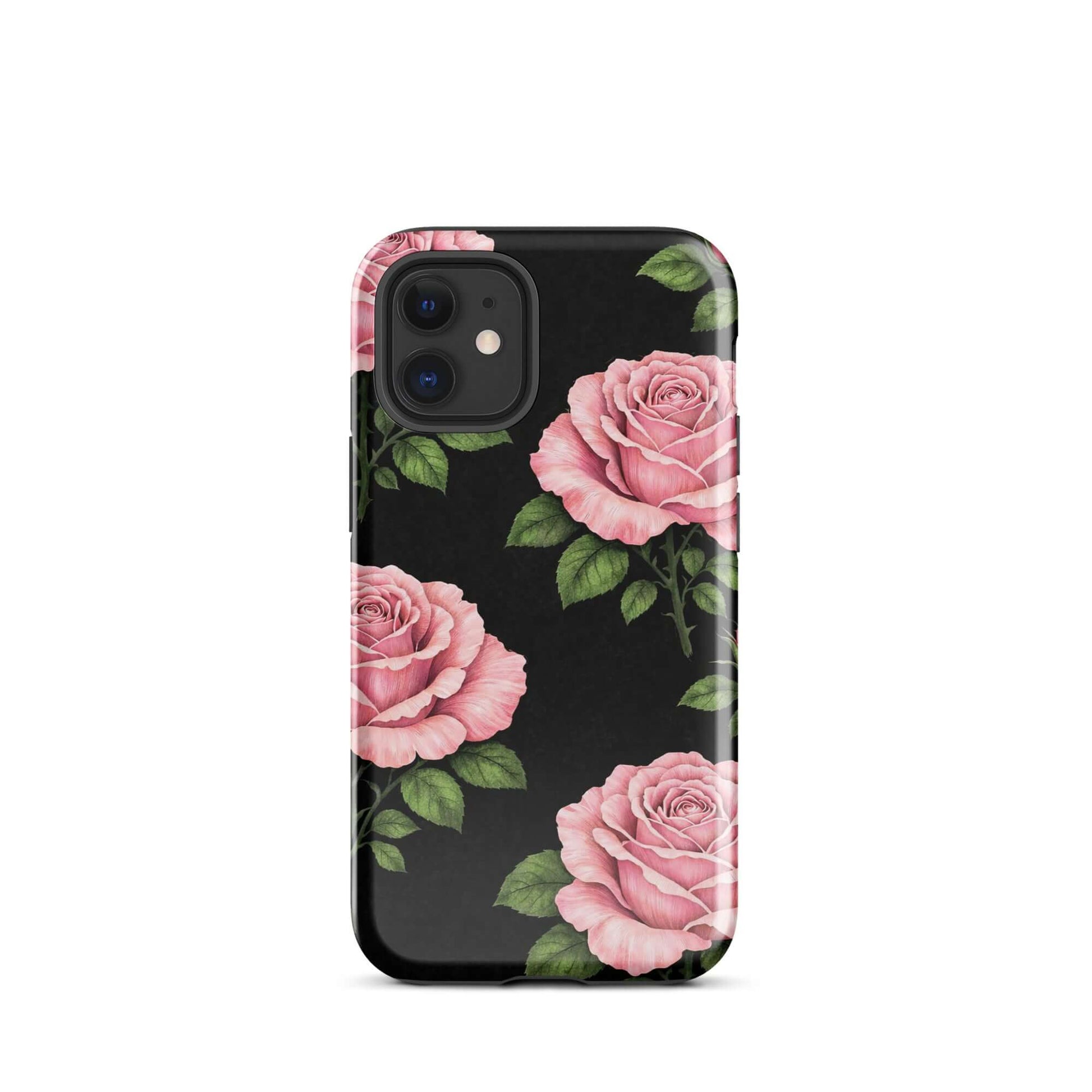 Phone Case for iPhone with pink rose garden design on black background