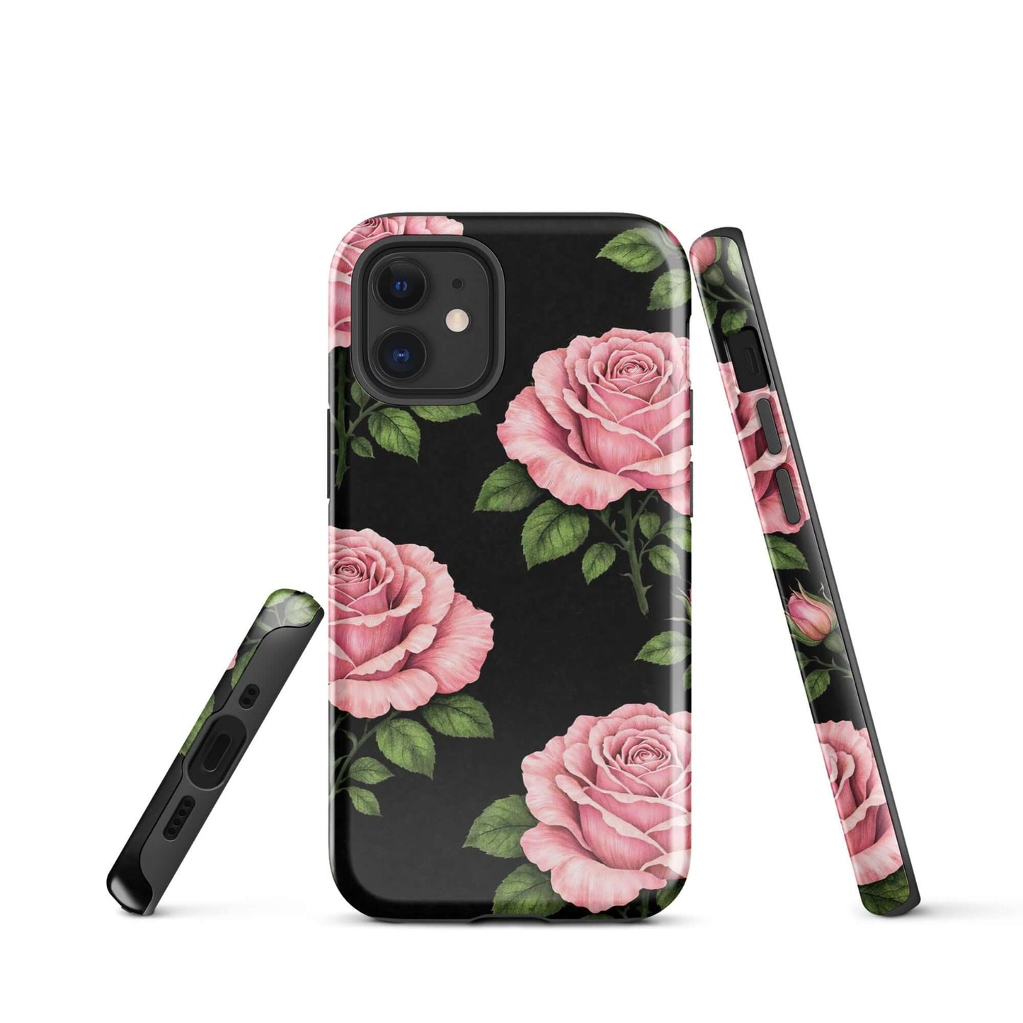 Phone Case for iPhone with pink rose garden design on black background, showcasing floral charm with sketch-style pink roses and green leaves.