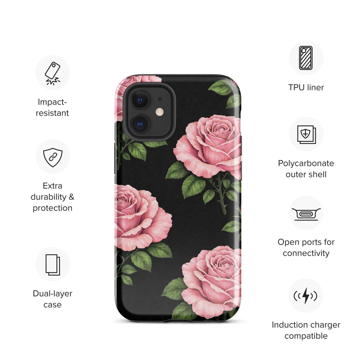 Phone Case for iPhone with pink rose garden pattern, black background, and durable design features like polycarbonate shell and TPU liner.