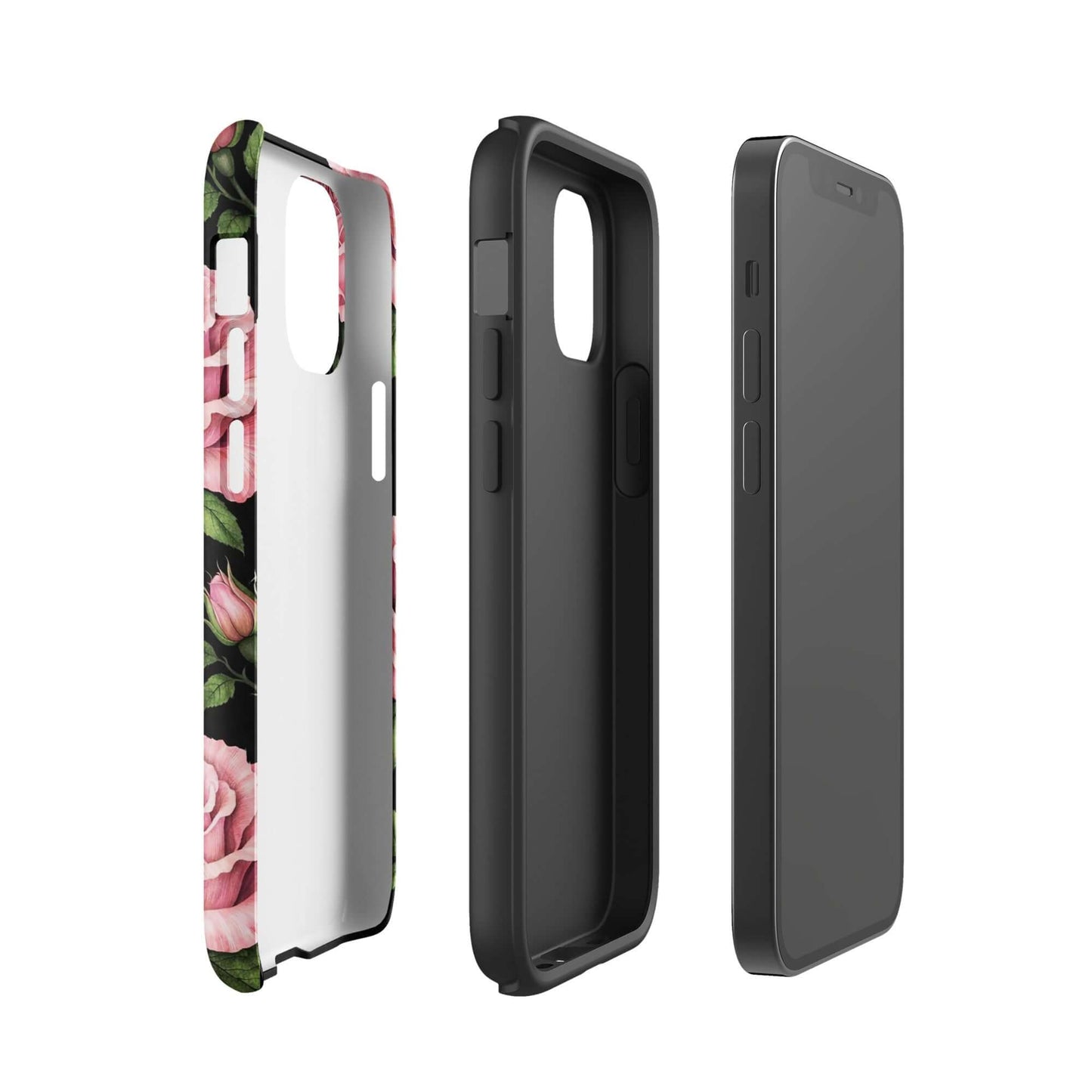 Phone Case for iPhone featuring pink rose garden design, tough protection, floral charm with pink roses and green leaves on black background.