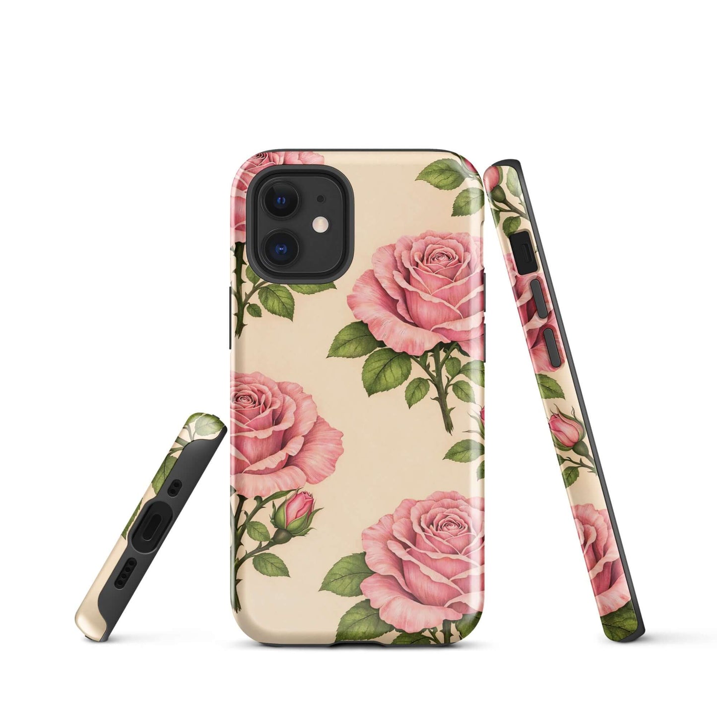 Phone Case featuring pink rose garden design on warm cream backdrop with elegant pink petals and green leaves.