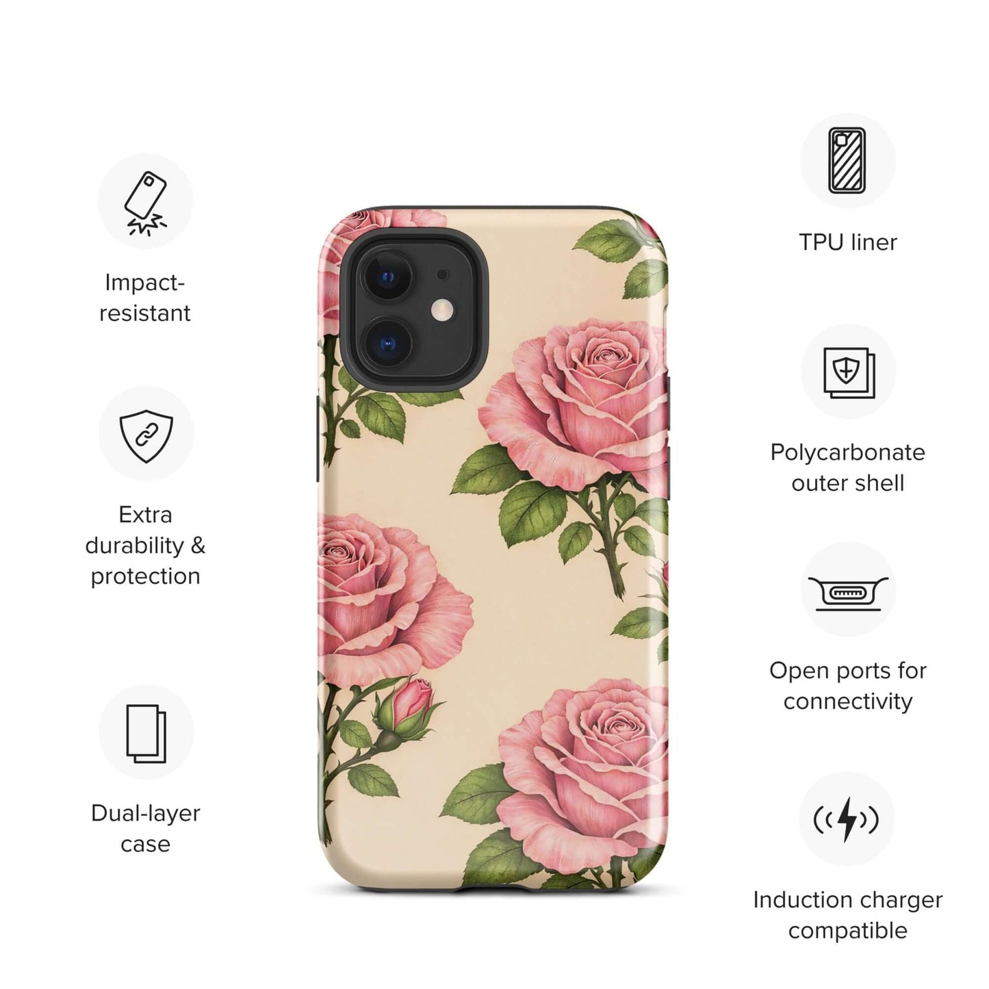Phone Case for iPhone with pink rose pattern on warm cream background, featuring durability and impact-resistant features.
