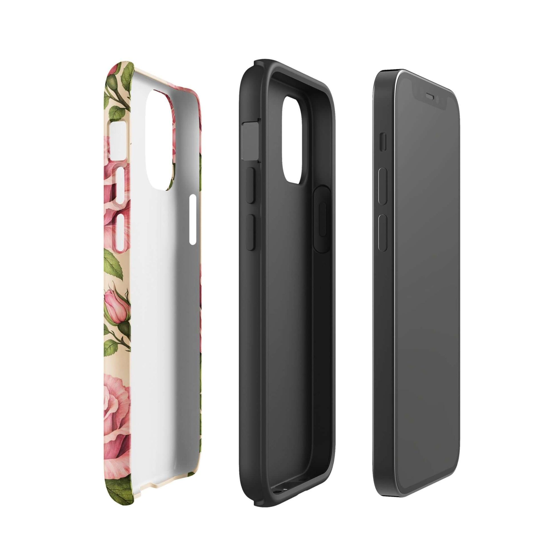 Phone Case for iPhone with pink roses and warm cream design, featuring floral beauty and protection.