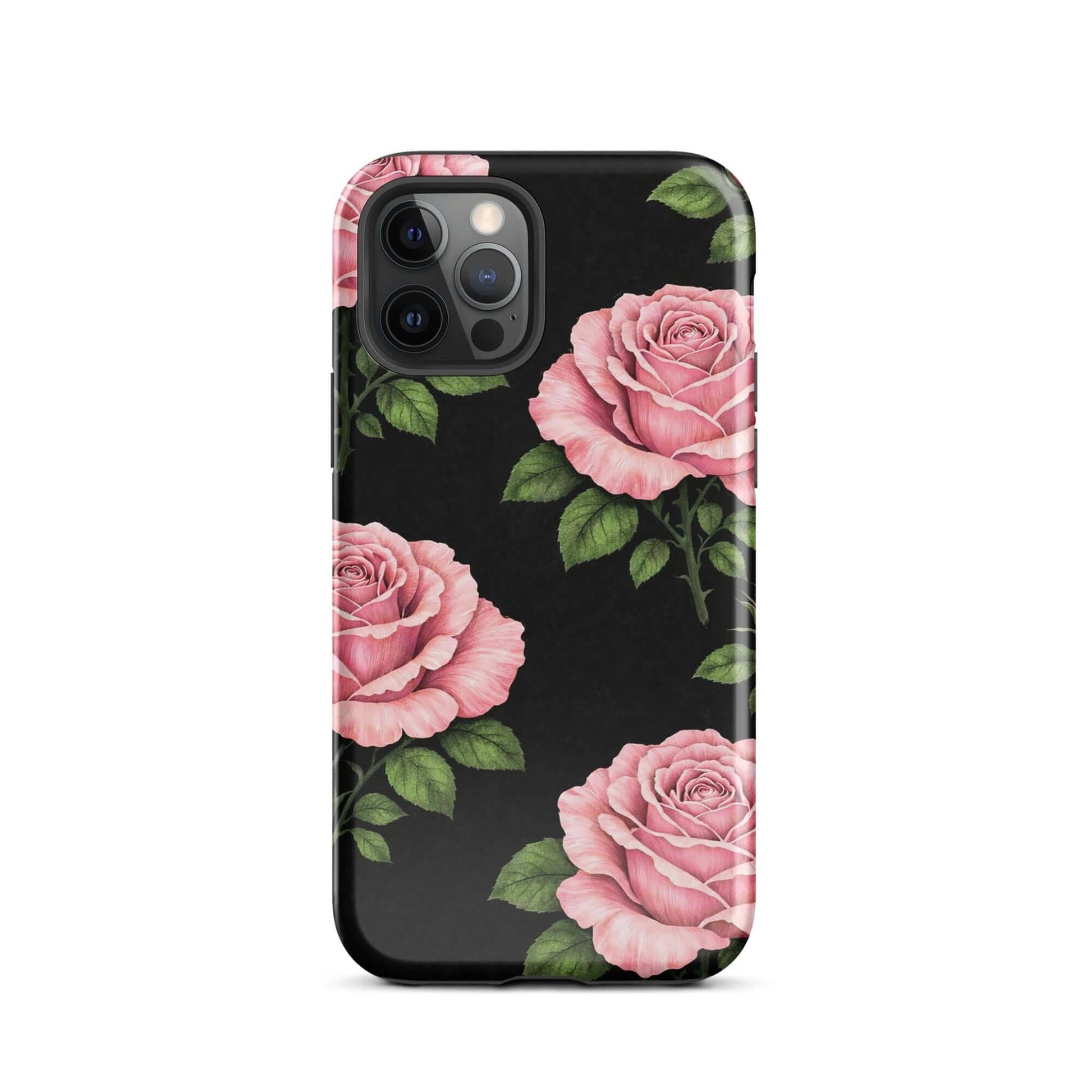 Phone Case for iPhone with pink rose garden design, featuring hand-sketched roses and green leaves on a black background.