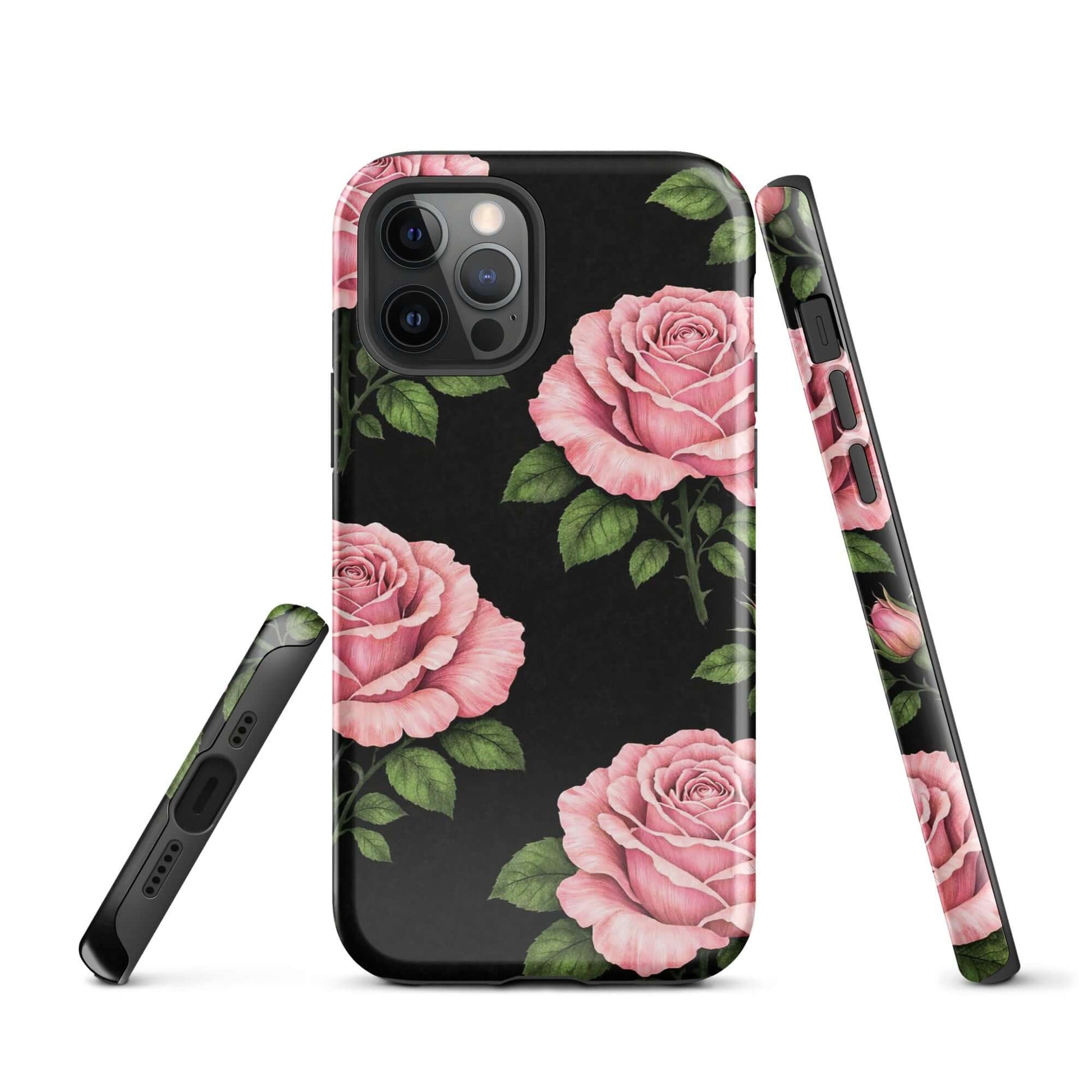 Phone Case for iPhone: Pink Rose Garden Tough Case with pink roses on black background