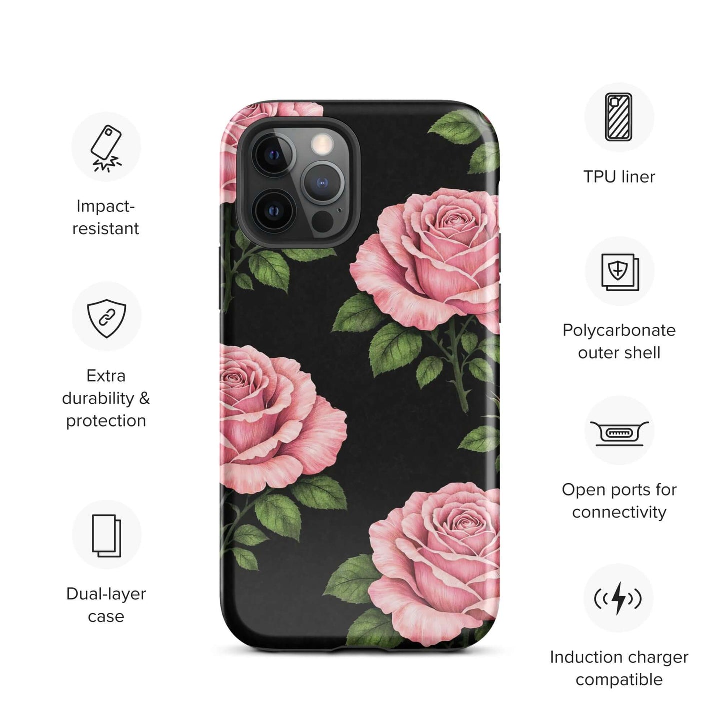 Phone Case for iPhone with pink rose garden design, featuring soft pink roses on black background, offering impact resistance and durability.