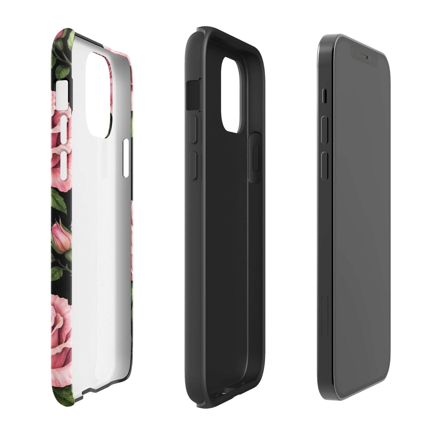 Phone Case for iPhone with pink rose garden design on a tough black shell, showing floral elegance and durability.