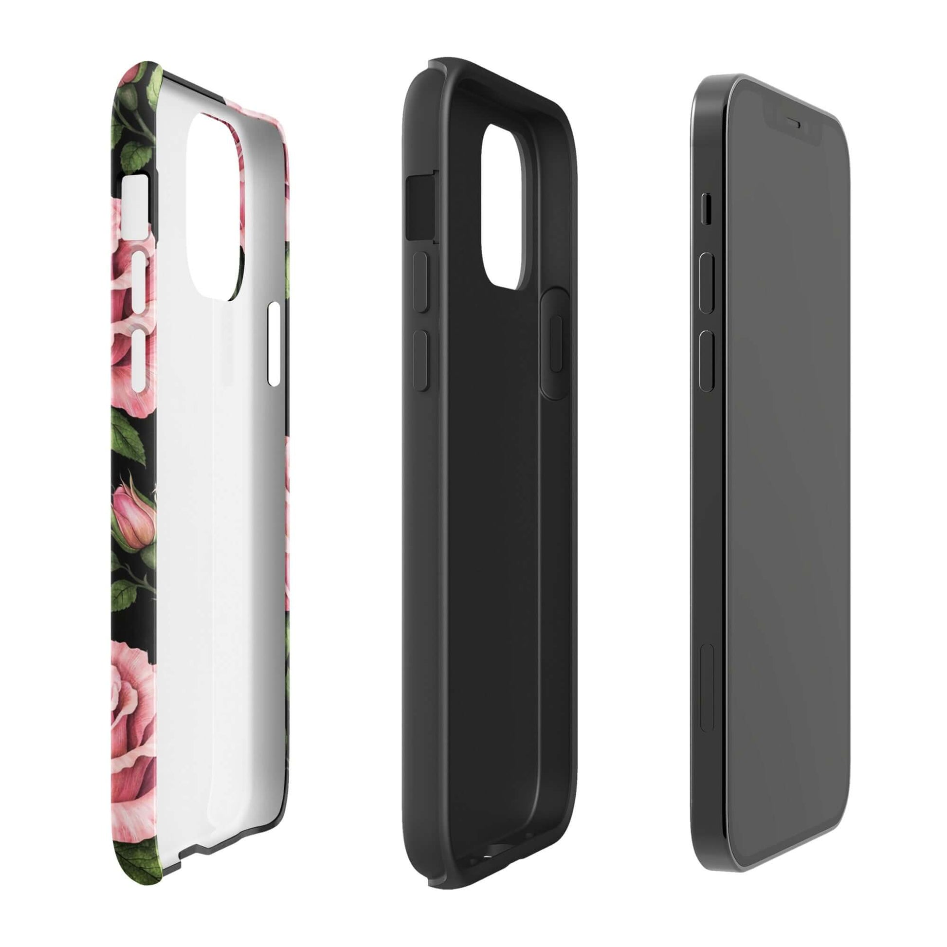 Phone Case for iPhone with pink rose garden design on a tough black shell, showing floral elegance and durability.