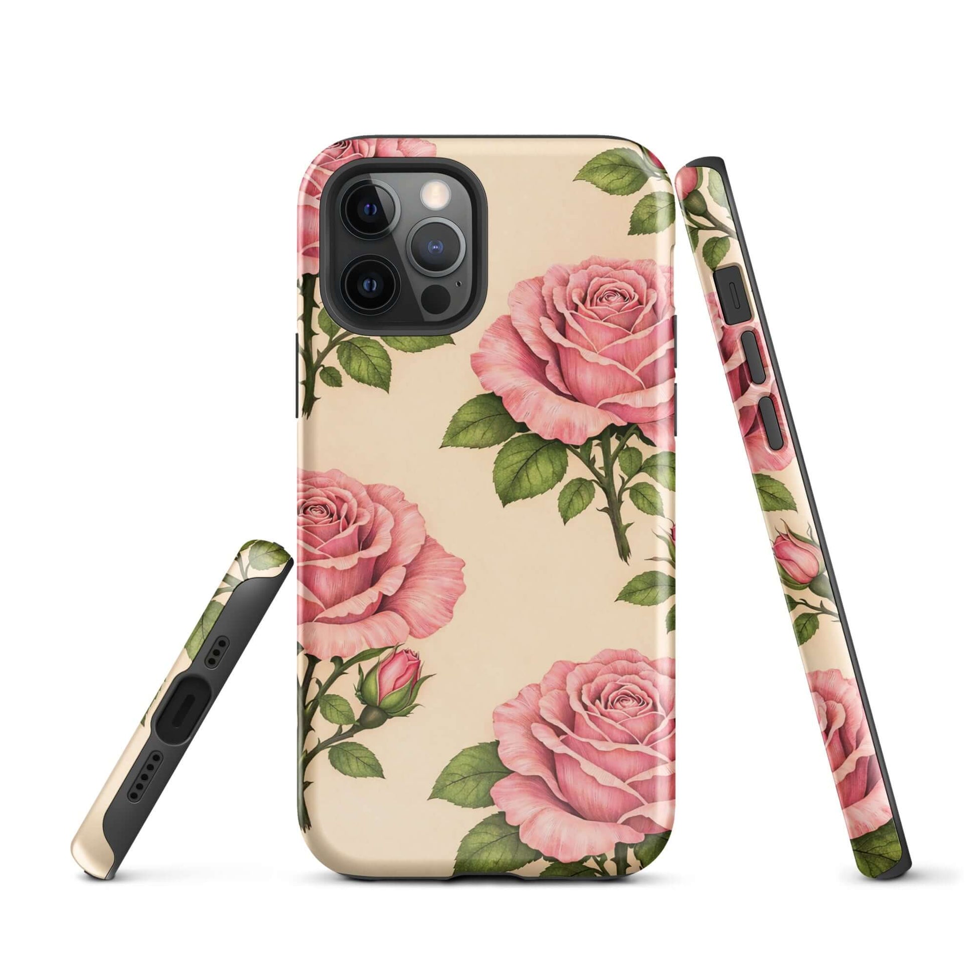 Phone Case featuring pink roses on a cream background, suitable for iPhone, offering elegance and protection with floral design.