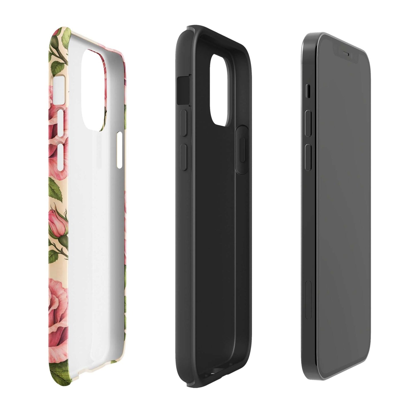 Phone Case for iPhone with pink rose garden pattern on cream background, showcases elegant design for stylish protection.