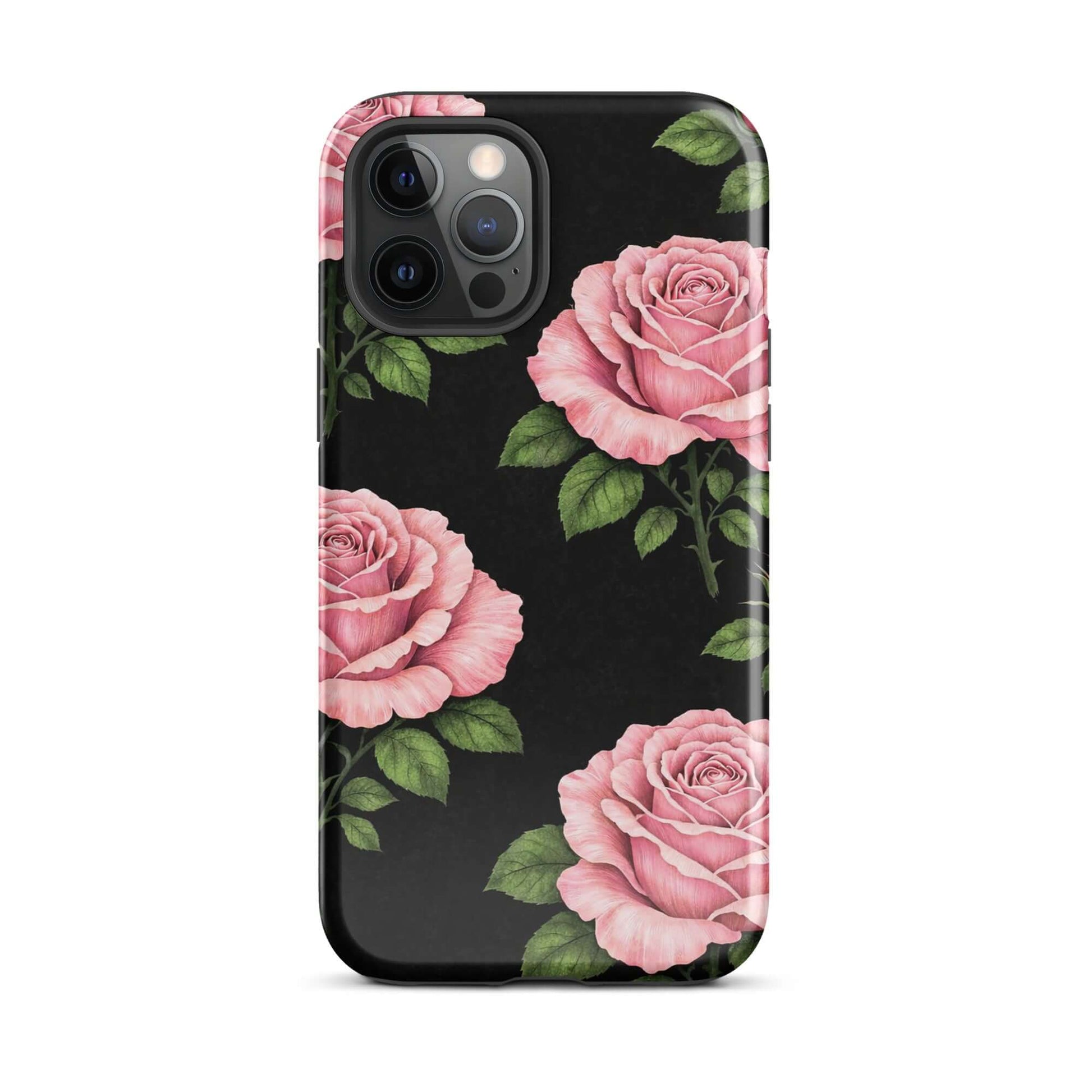 Phone Case for iPhone with pink rose garden design on black background, featuring floral charm and elegant style.