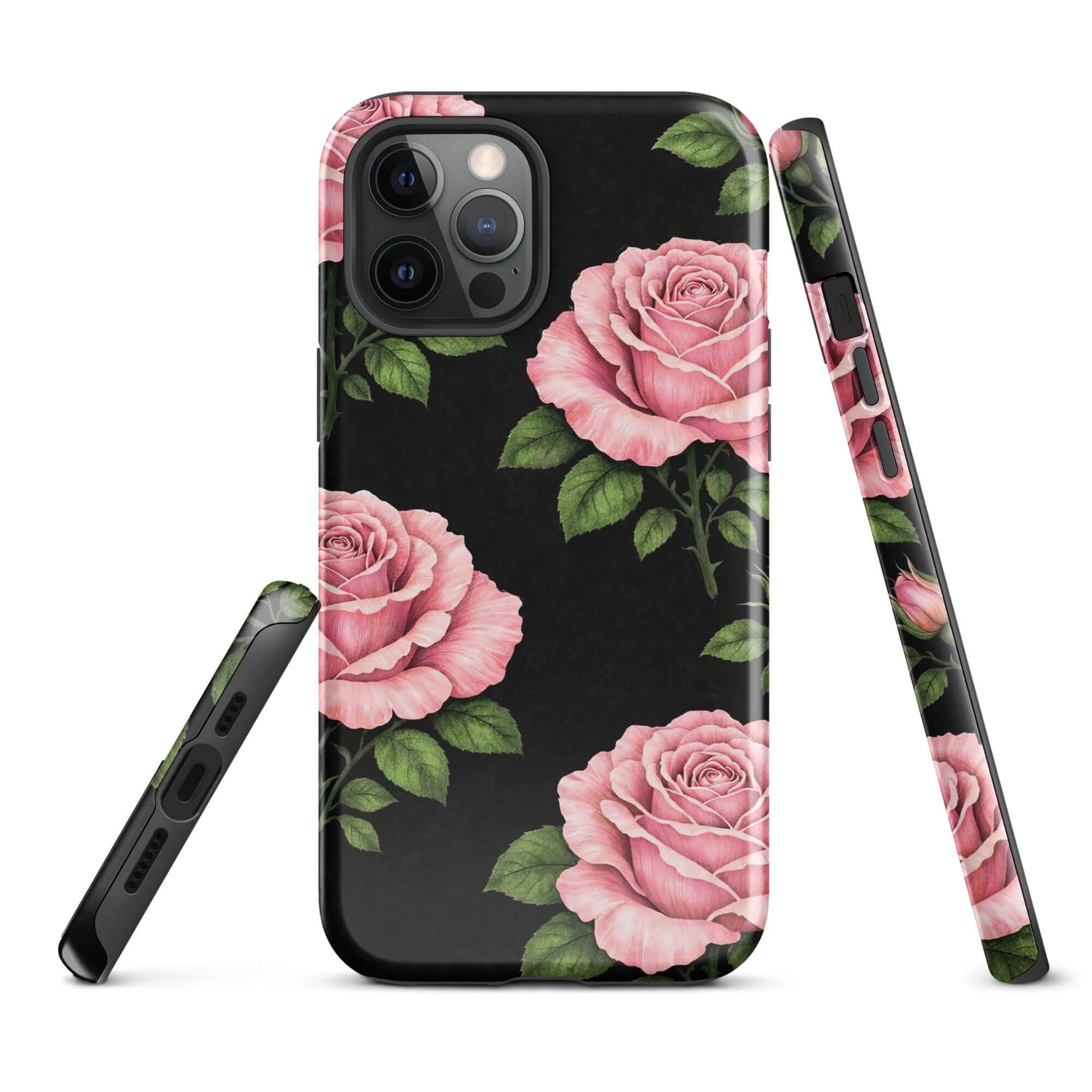Phone Case for iPhone with pink rose garden design, featuring pink roses and green leaves on black background.