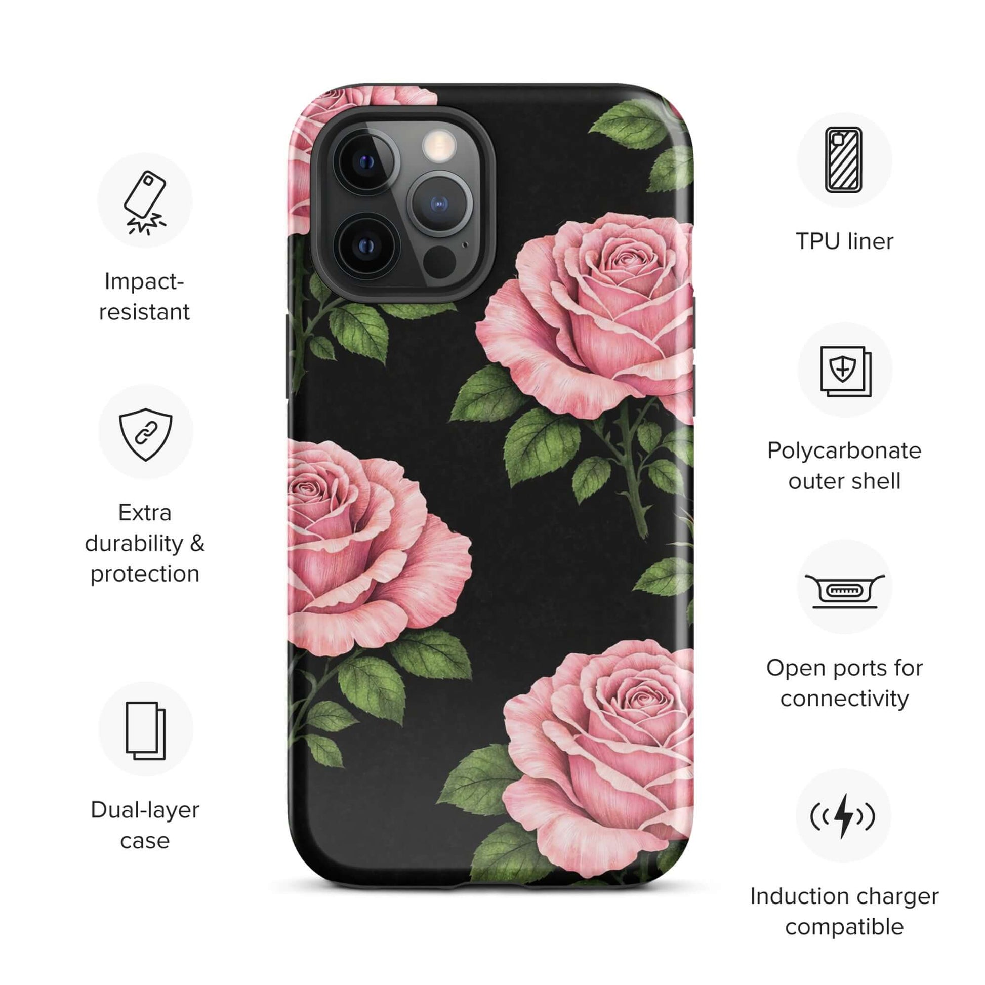 Phone Case for iPhone with pink rose garden design, featuring pink roses on black background, dual-layer protection, and connectivity ports.