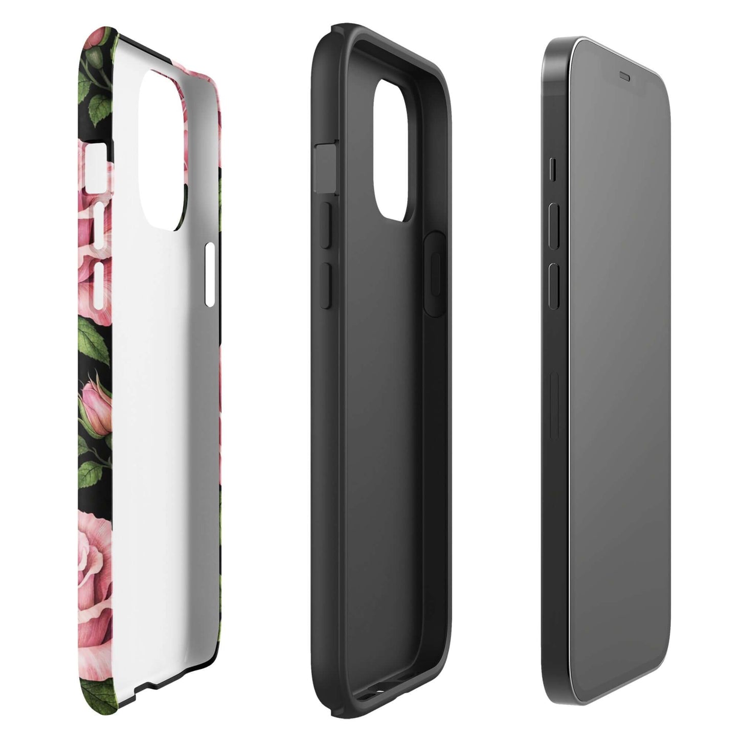 Phone Case for iPhone with pink rose garden design and tough black frame