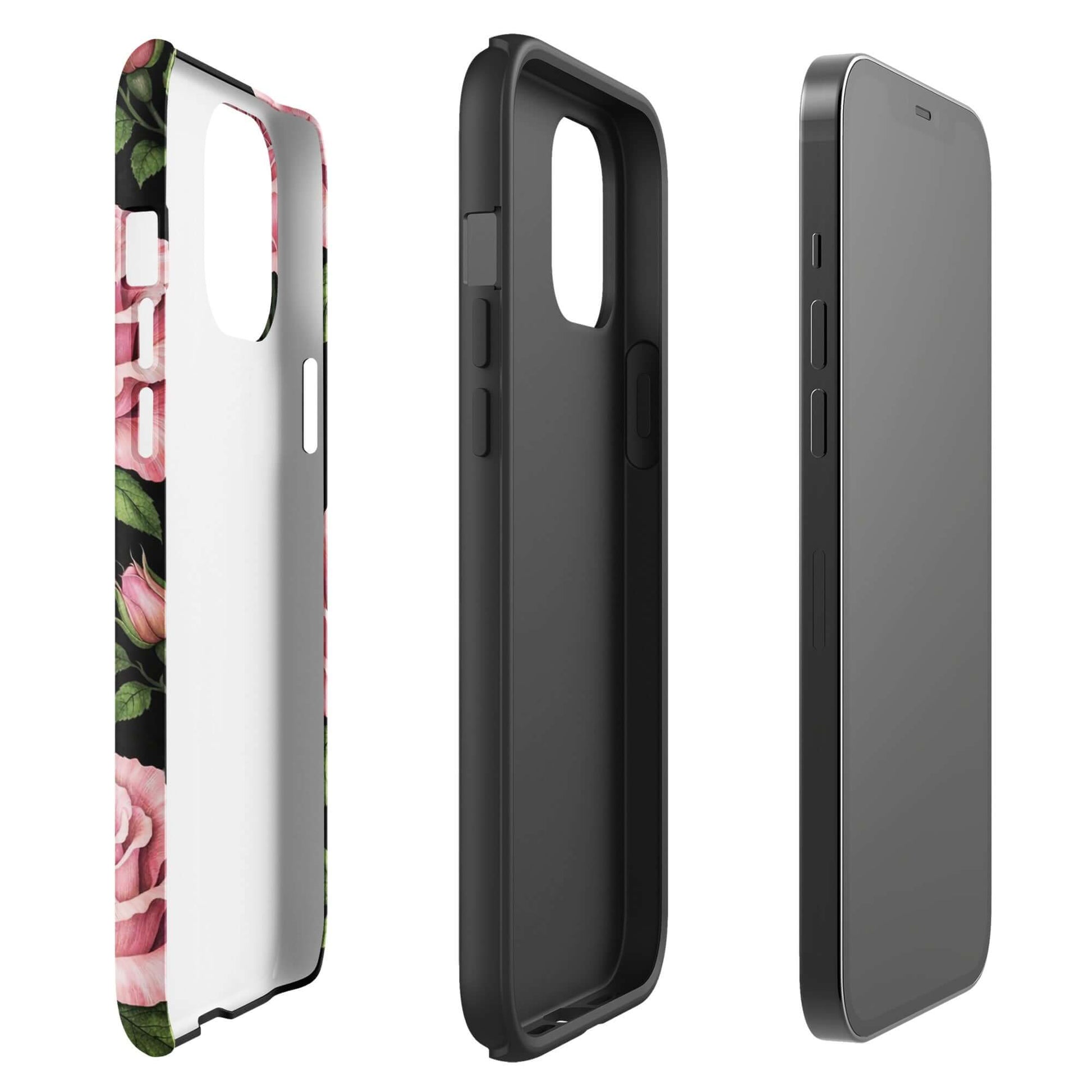 Phone Case for iPhone with pink rose garden design and tough black frame