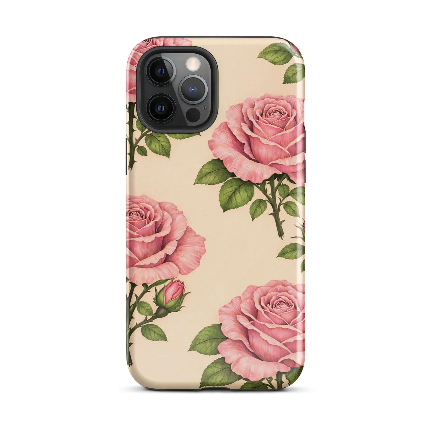 Phone Case with pink rose design on warm cream background for iPhone, featuring a blend of floral beauty and protection.