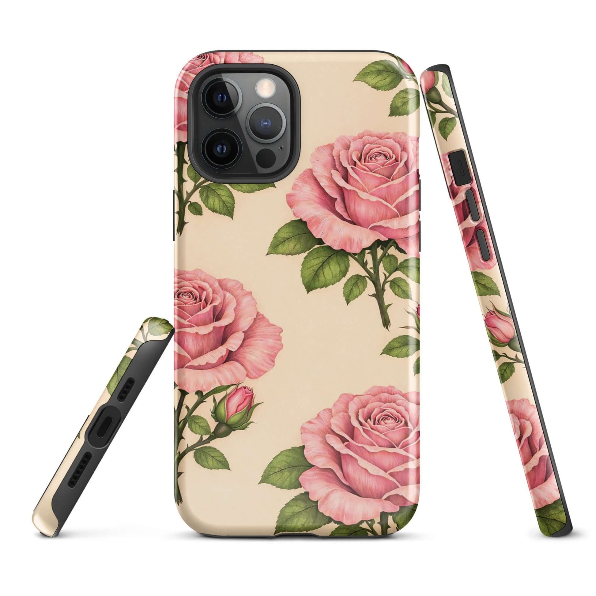 Phone Case featuring pink roses on a cream background, compatible with iPhone, elegant floral design for stylish protection.