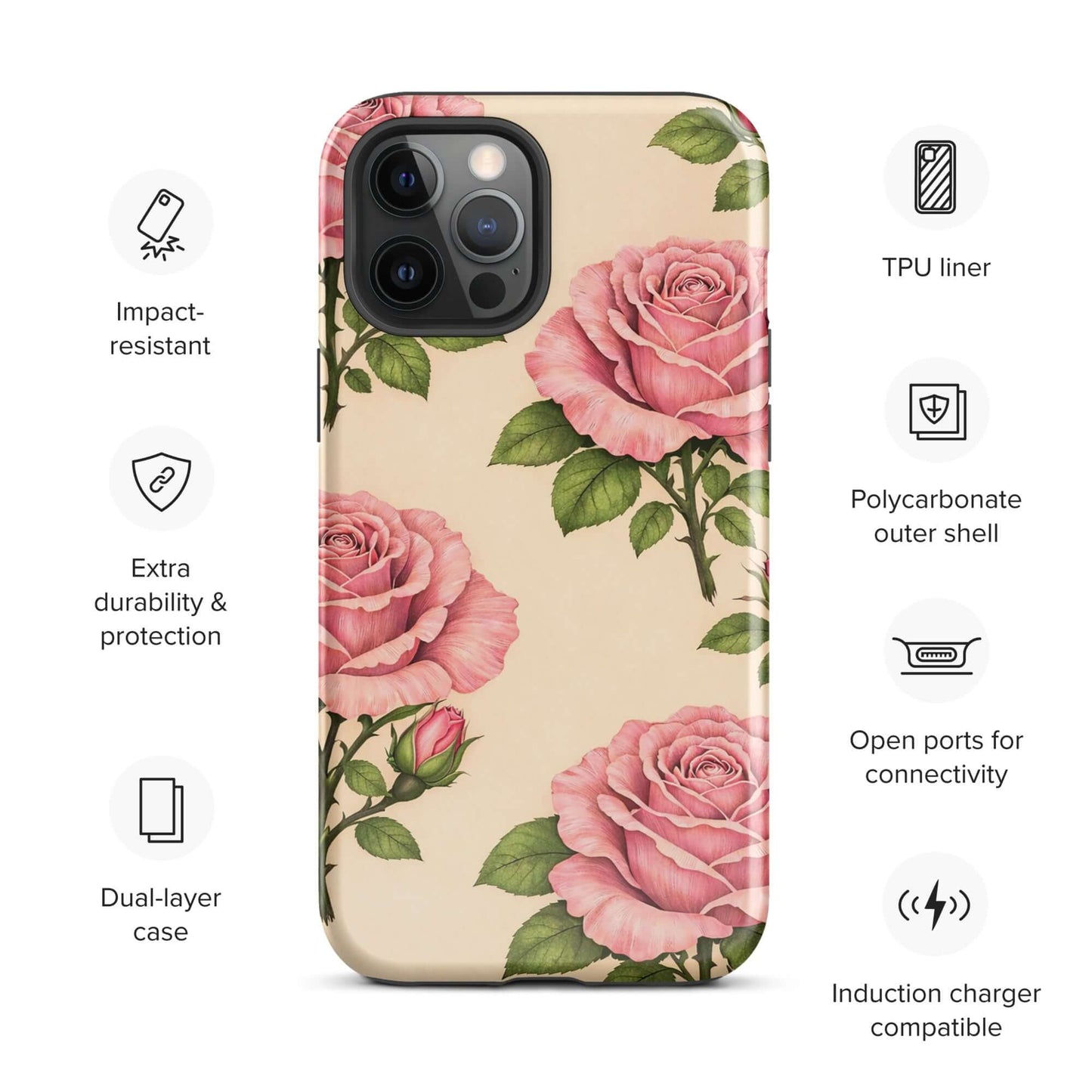 Phone Case for iPhone with pink roses and cream background, featuring protective features like TPU liner and polycarbonate shell for durability.
