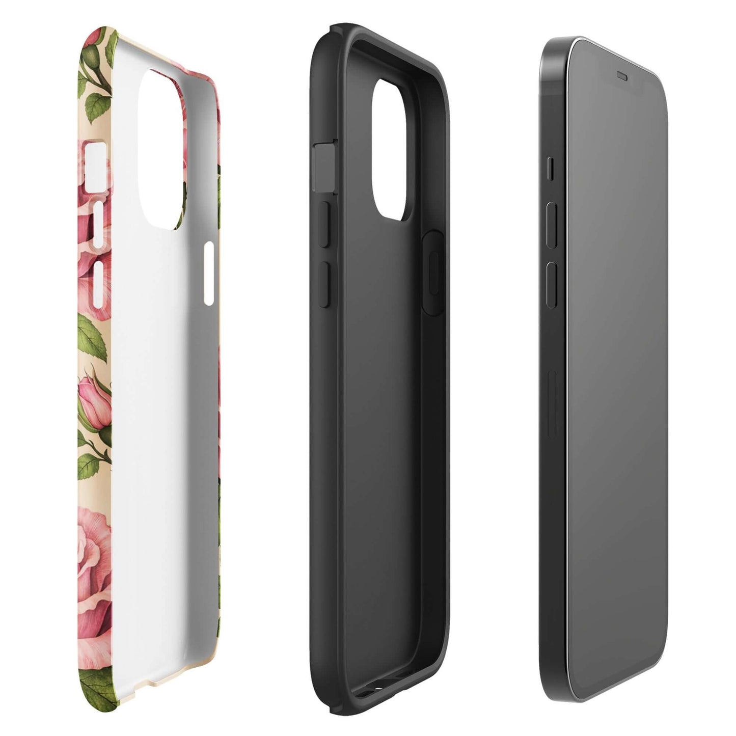 Phone Case for iPhone with pink rose garden design against warm cream background, showcasing floral elegance and phone protection.