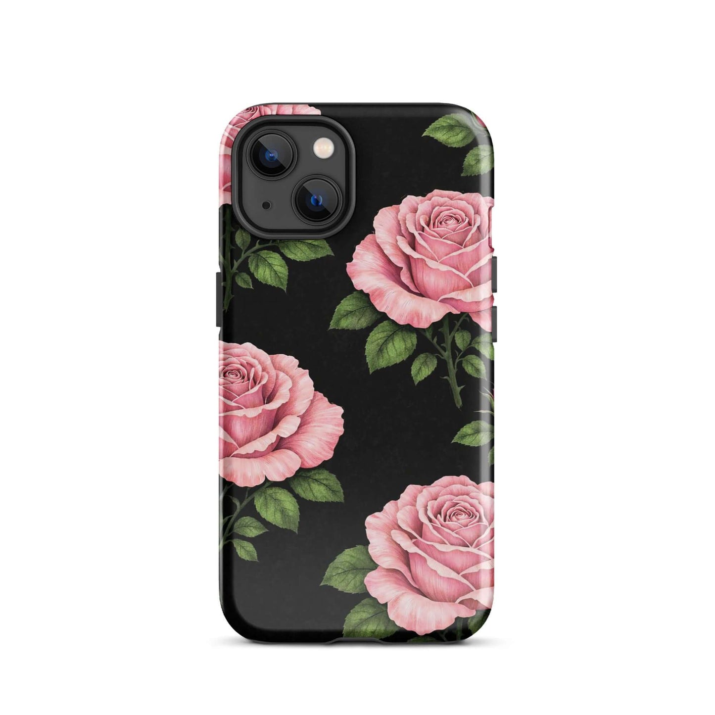 Phone Case for iPhone with pink rose garden design on black background