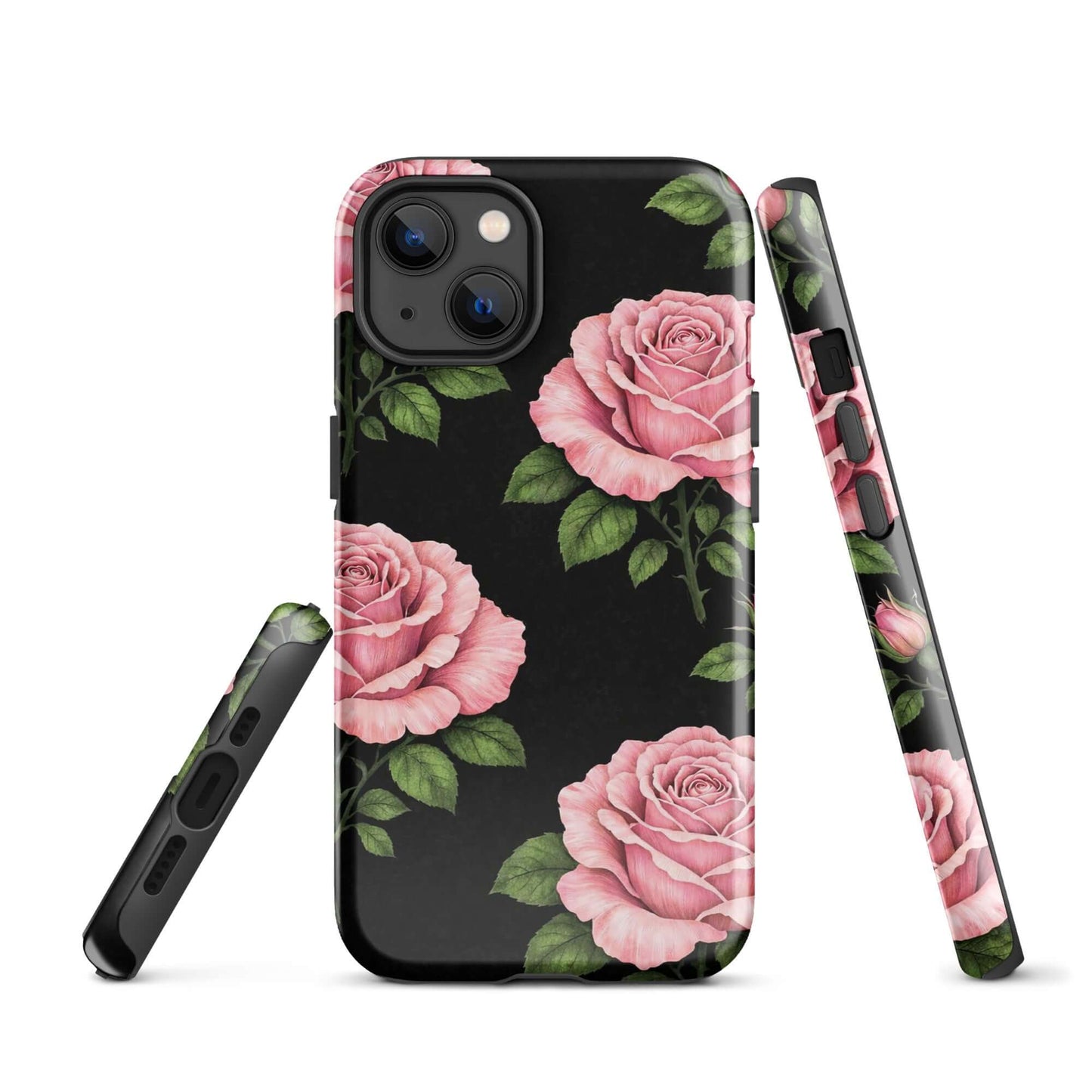 Phone Case for iPhone featuring pink rose pattern on black background, tough protection with floral design